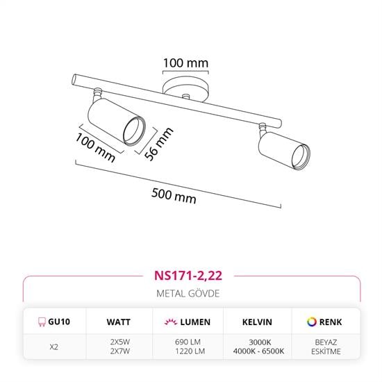 Nevo Sıva Üstü İkili Led Spot Beyaz Eskitme NS171-2