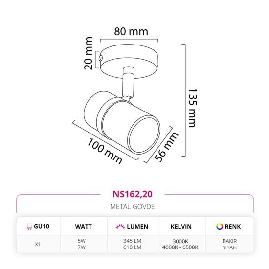Nevo Sıva Üstü Led Spot Bakır Siyah NS162