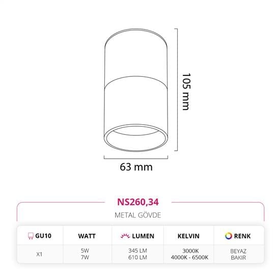 Nevo Sıva Üstü Led Spot Beyaz Bakır NS260