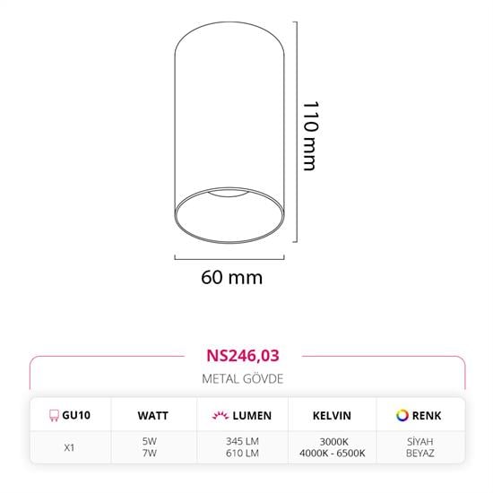 Nevo Sıva Üstü Led Spot Beyaz Siyah NS246