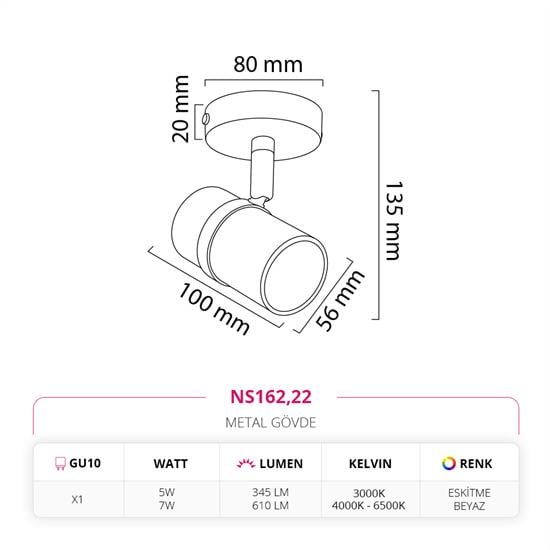 Nevo Sıva Üstü Led Spot Eskitme Beyaz NS162