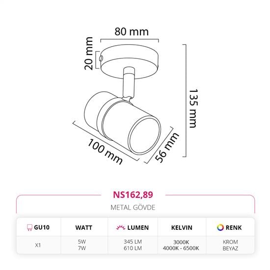 Nevo Sıva Üstü Led Spot Krom Beyaz NS162