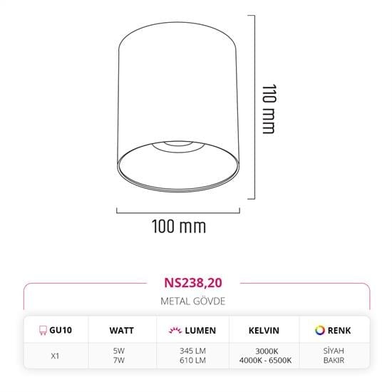 Nevo Sıva Üstü Led Spot Siyah Bakır NS238