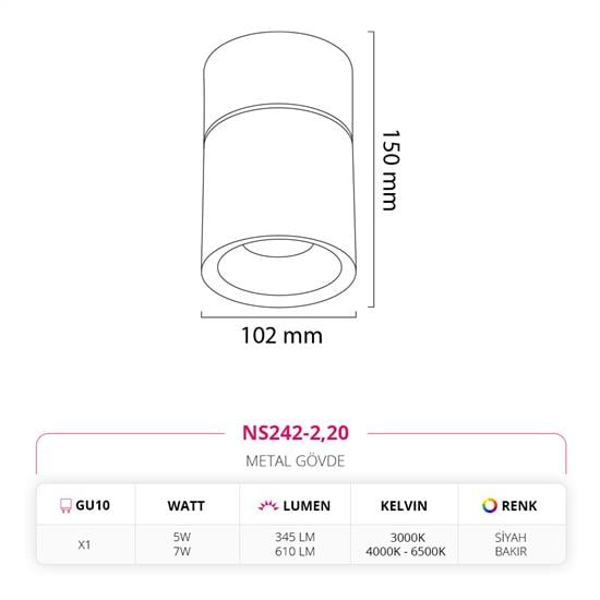 Nevo Sıva Üstü Led Spot Siyah Bakır NS242-2