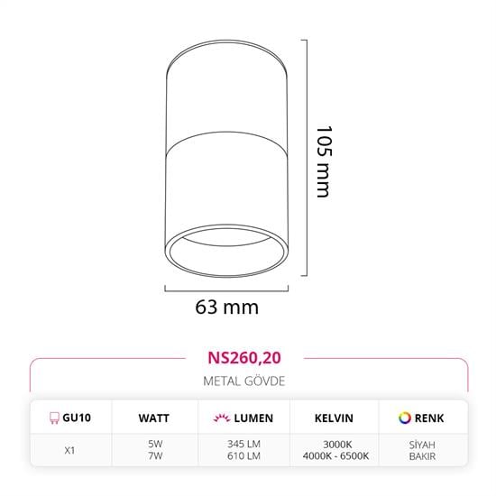 Nevo Sıva Üstü Led Spot Siyah Bakır NS260