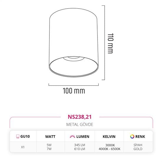 Nevo Sıva Üstü Led Spot Siyah Gold NS238