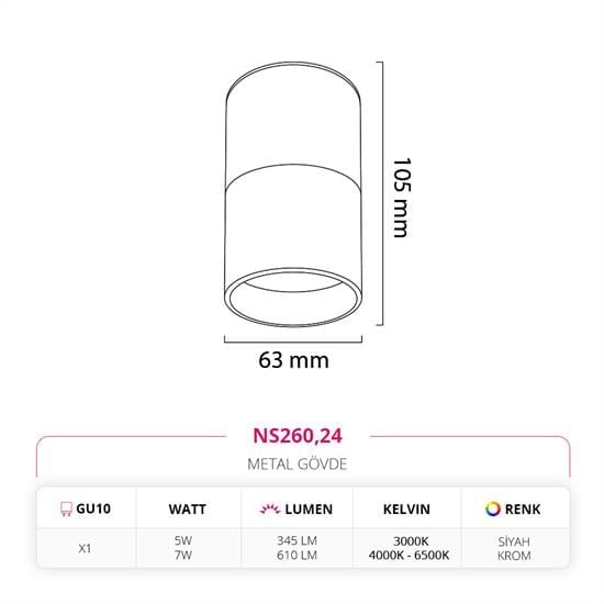 Nevo Sıva Üstü Led Spot Siyah Krom NS260