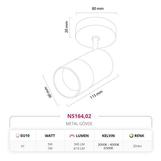 Nevo Sıva Üstü Led Spot Siyah NS164