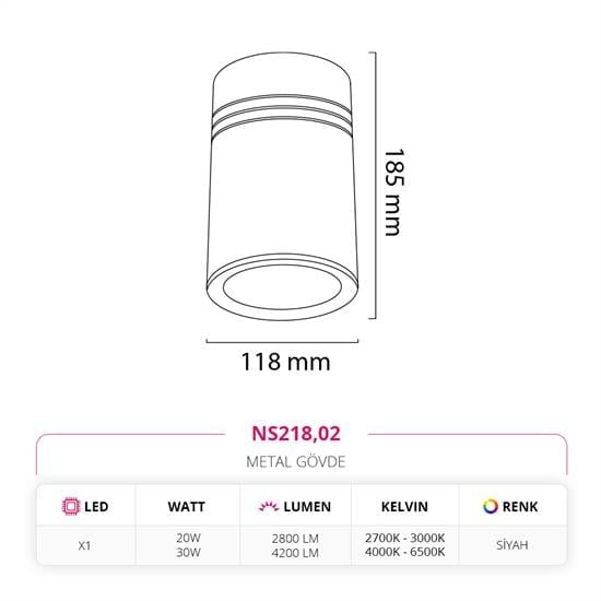 Nevo Sıva Üstü Led Spot Siyah NS218
