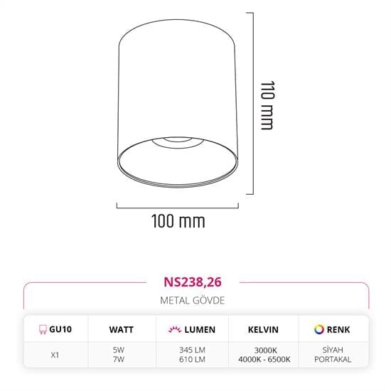 Nevo Sıva Üstü Led Spot Siyah Portakal NS238