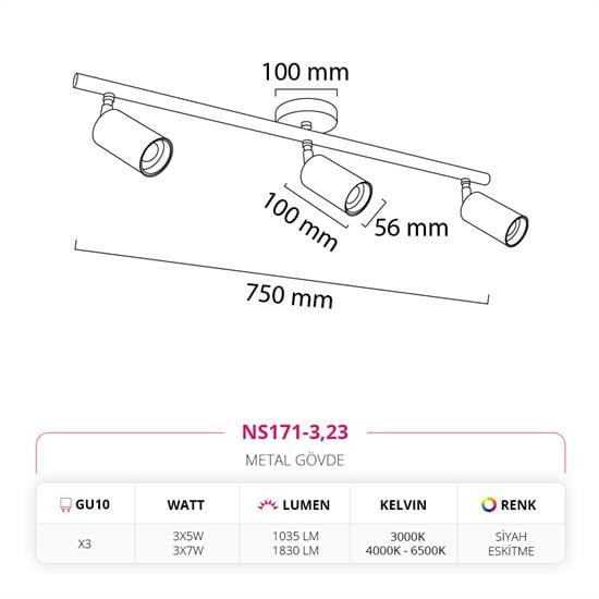 Nevo Sıva Üstü Üçlü Led Spot Siyah Eskitme NS171-3