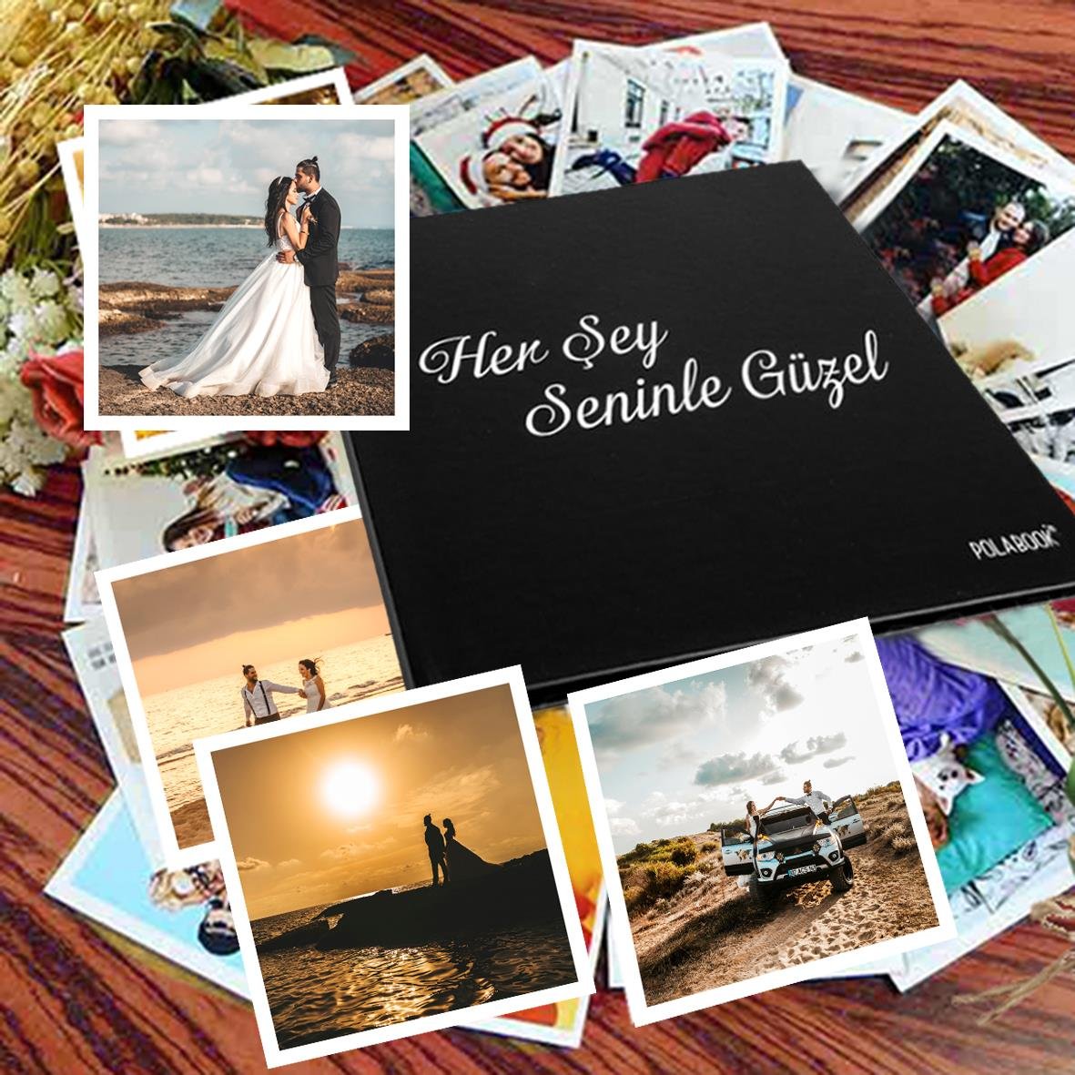 Her Şey Seninle Güzel Yazılı Anı Defteri - 20 Adet 10x10 Cm Solmaz Fotoğraf Baskı, Beyaz Jel Kalem ve Bant Hediye (tasarla, yapıştır, oluştur ) 