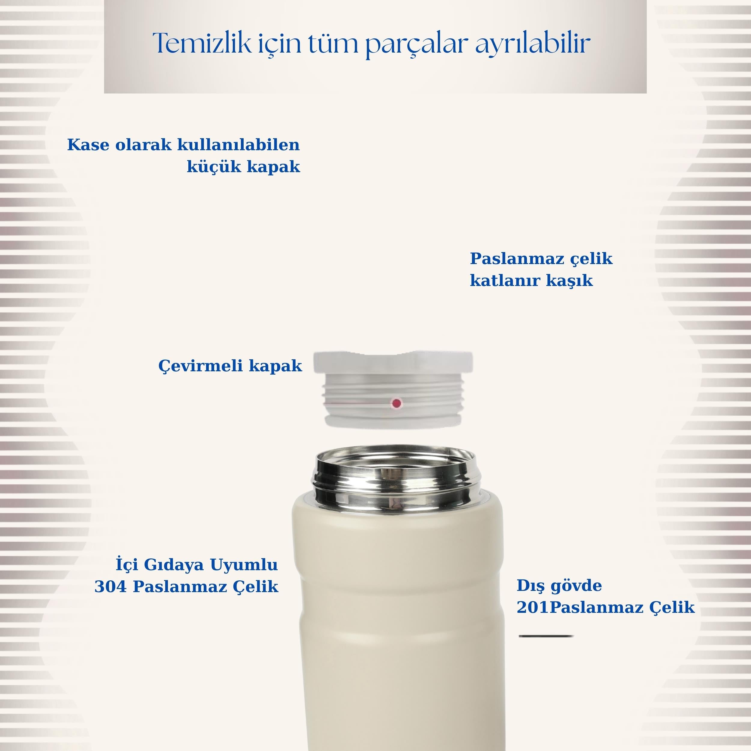  750 ml Paslanmaz Çelik Yemek Termosu-Çelik Kaşıklı,Beyaz