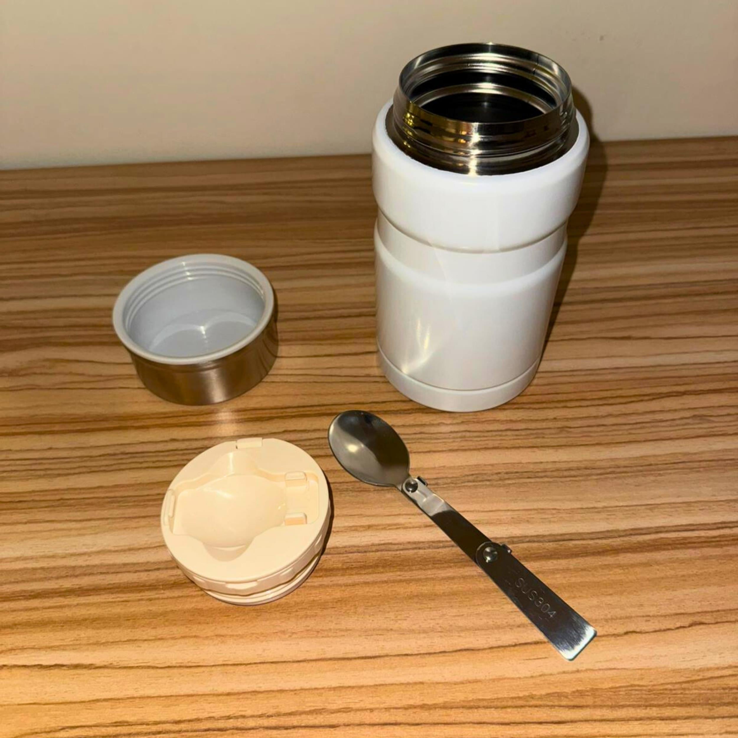 750 ml Paslanmaz Çelik Yemek Termosu-Çelik Kaşıklı,Beyaz