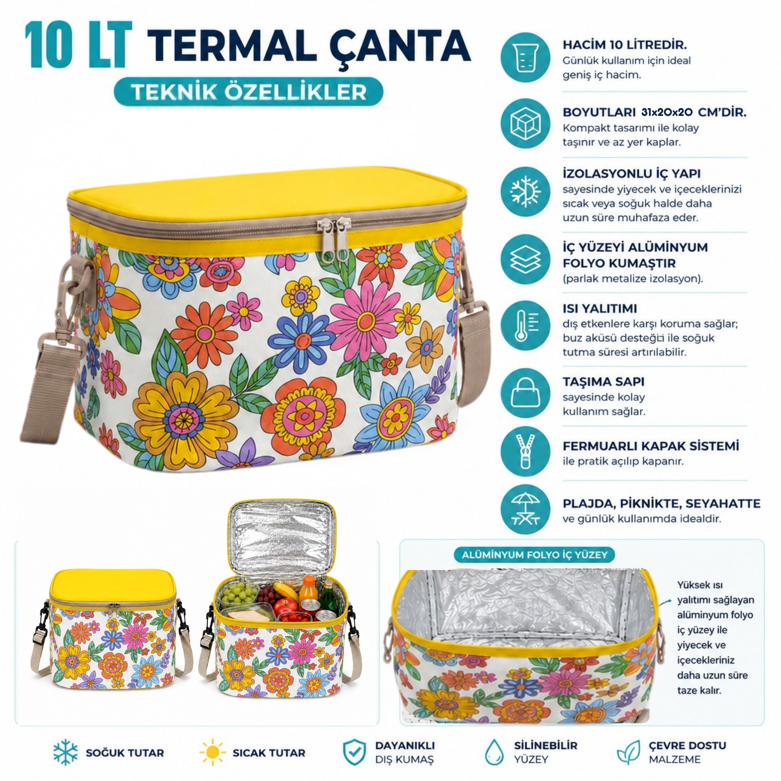 10 LT Desenli Termal Çanta-Yemek çantası-İçecek Çantası