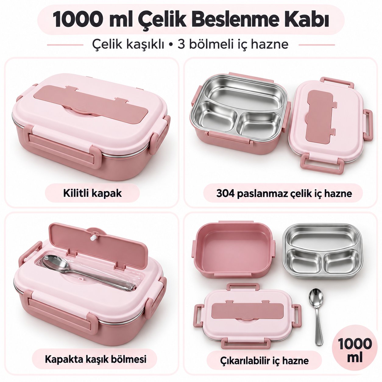 1000ml Paslanmaz Çelik Yemek Termosu – Çelik Kaşıklı Sefer Tası ve Beslenme Kabı-pembe