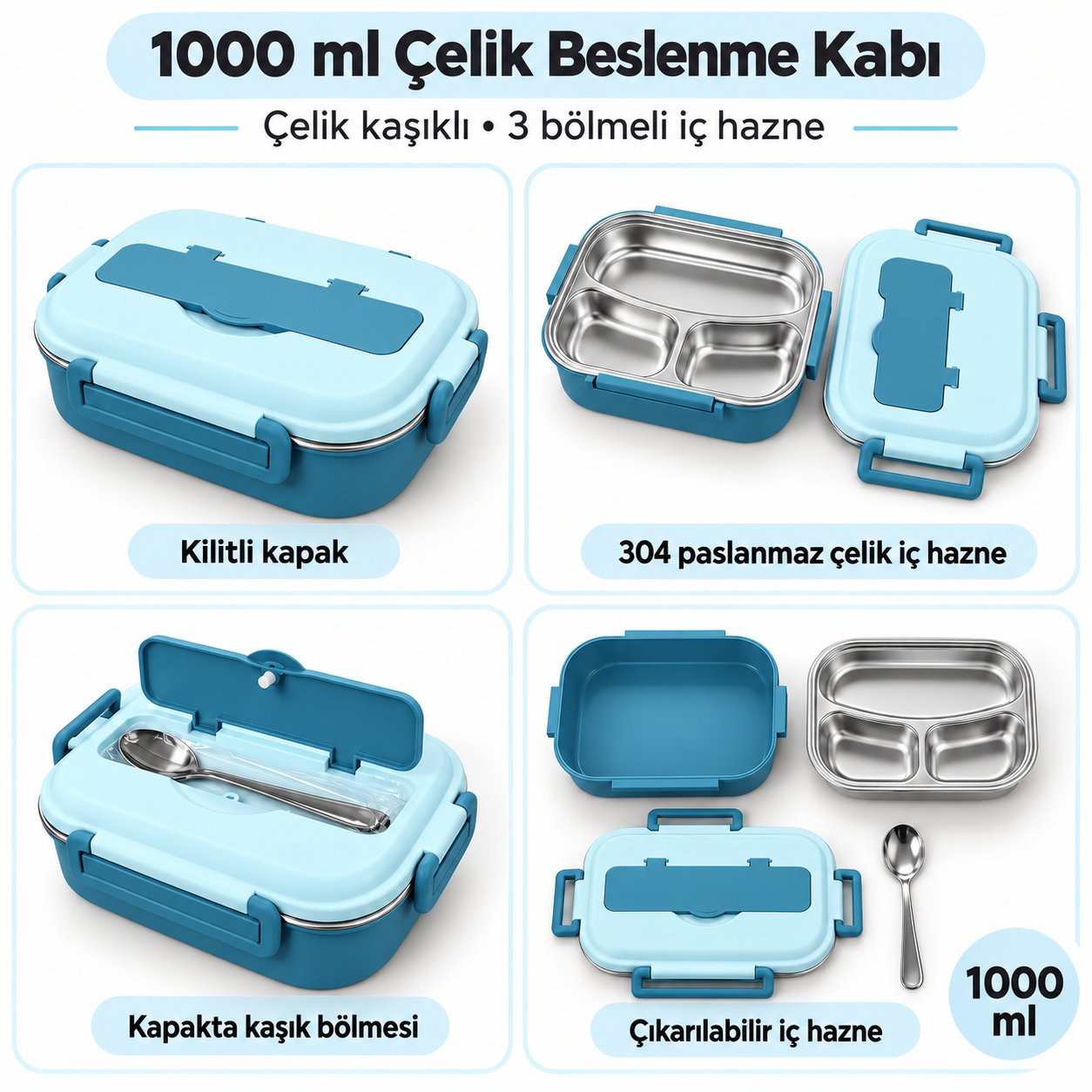 1000ml Paslanmaz Çelik Yemek Termosu – Çelik Kaşıklı Sefer Tası ve Beslenme Kabı-mavi