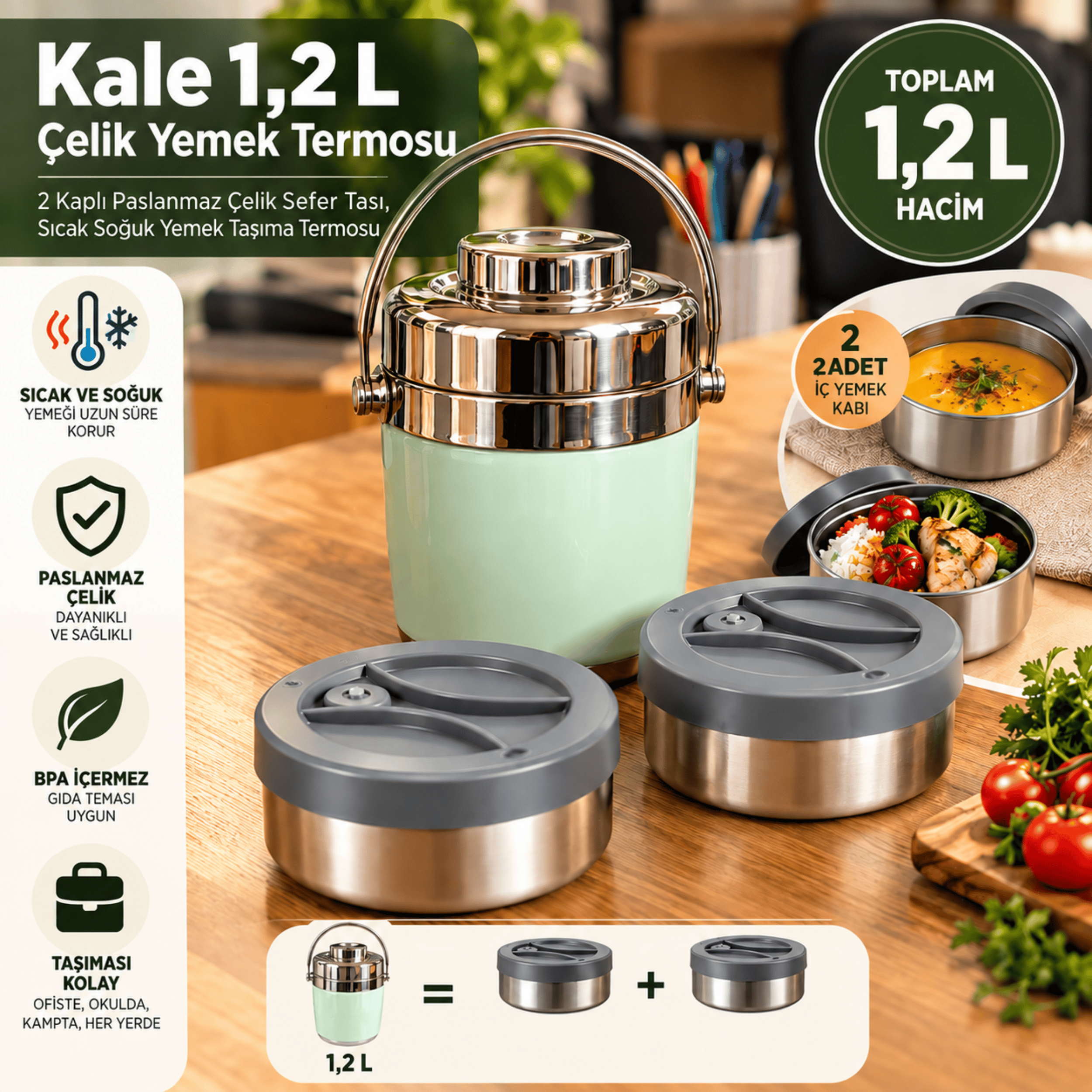 1,2 L Çelik Yemek Termosu – 2 Kaplı Paslanmaz Çelik Sefer Tası, Sıcak Soğuk Yemek Taşıma Termosu