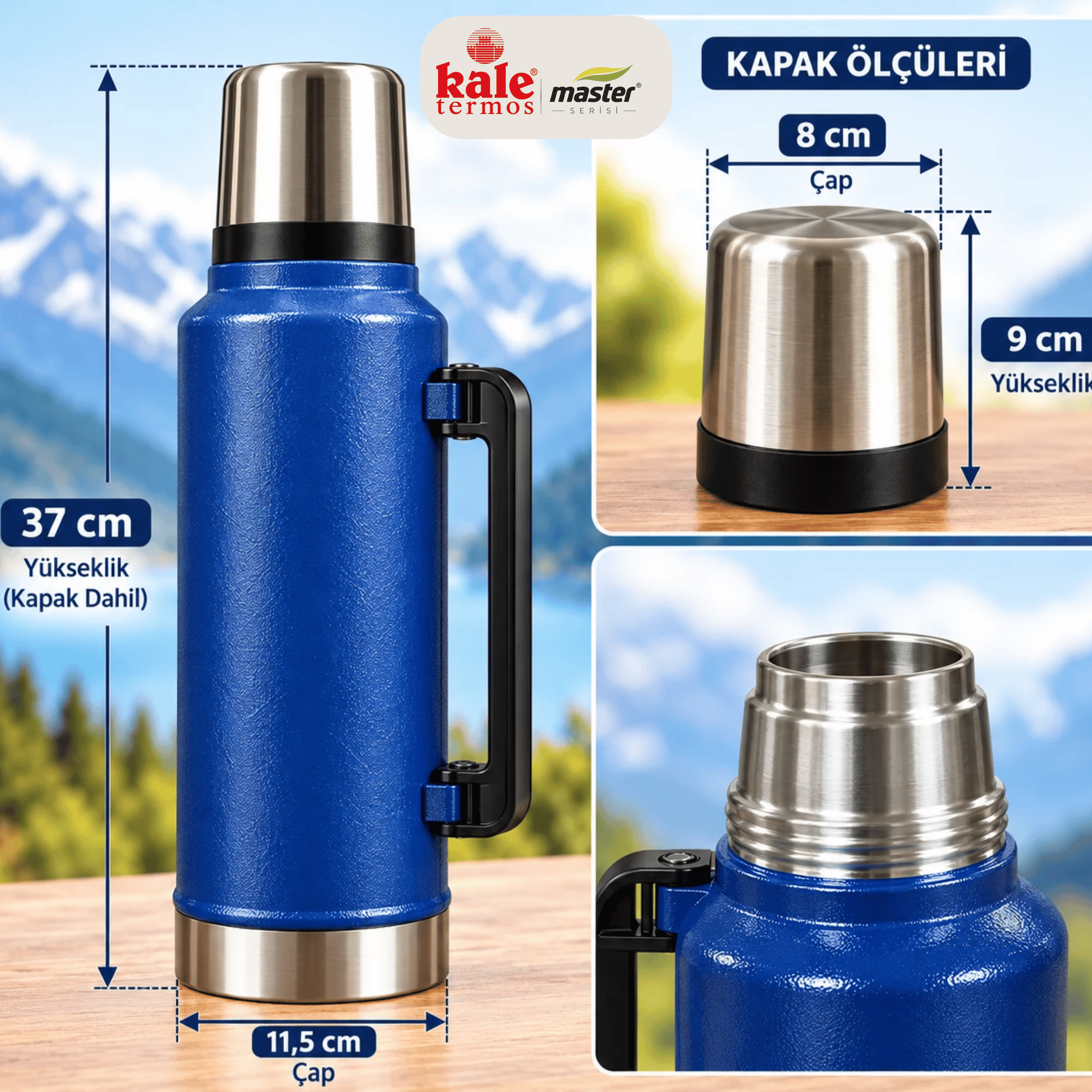 2 L Klasik Çelik Termos -Mavi, Kulplu Avcı Termosu, Sıcak Soğuk İçecek Termosu, Seyahat ve Kamp Termosu