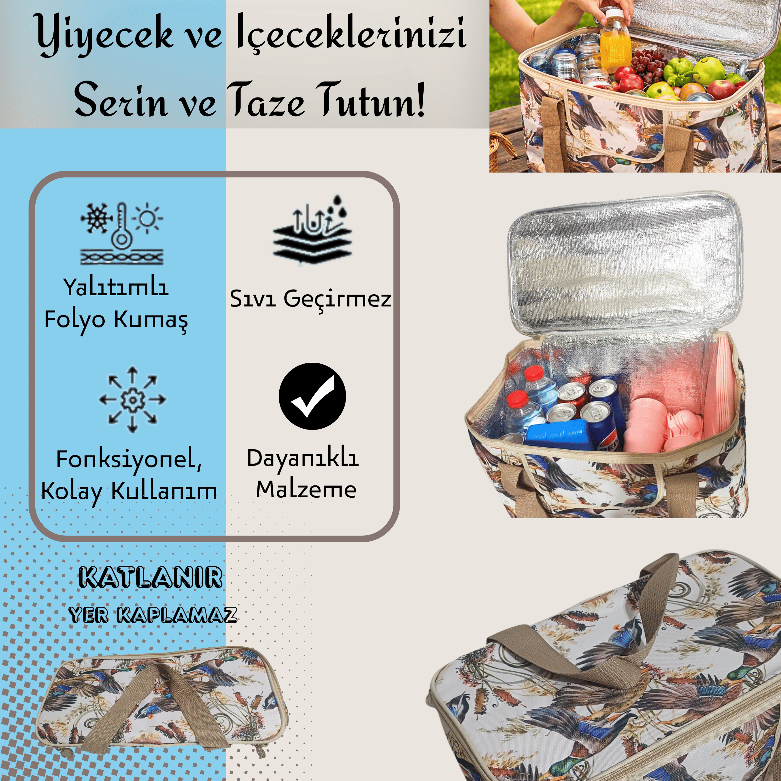 20 LT Eco Lüx Desenli Termal Çanta -Piknik Çantası,Soğutucu Buzluk Çanta