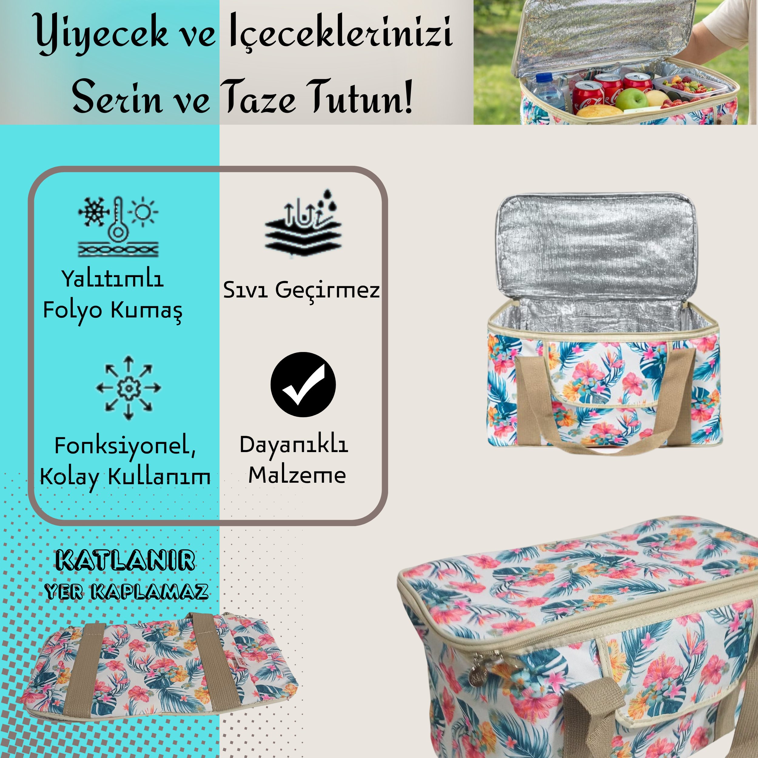 20 LT Eco Lüx Desenli Termal Çanta -Piknik Çantası,Soğutucu Buzluk Çanta