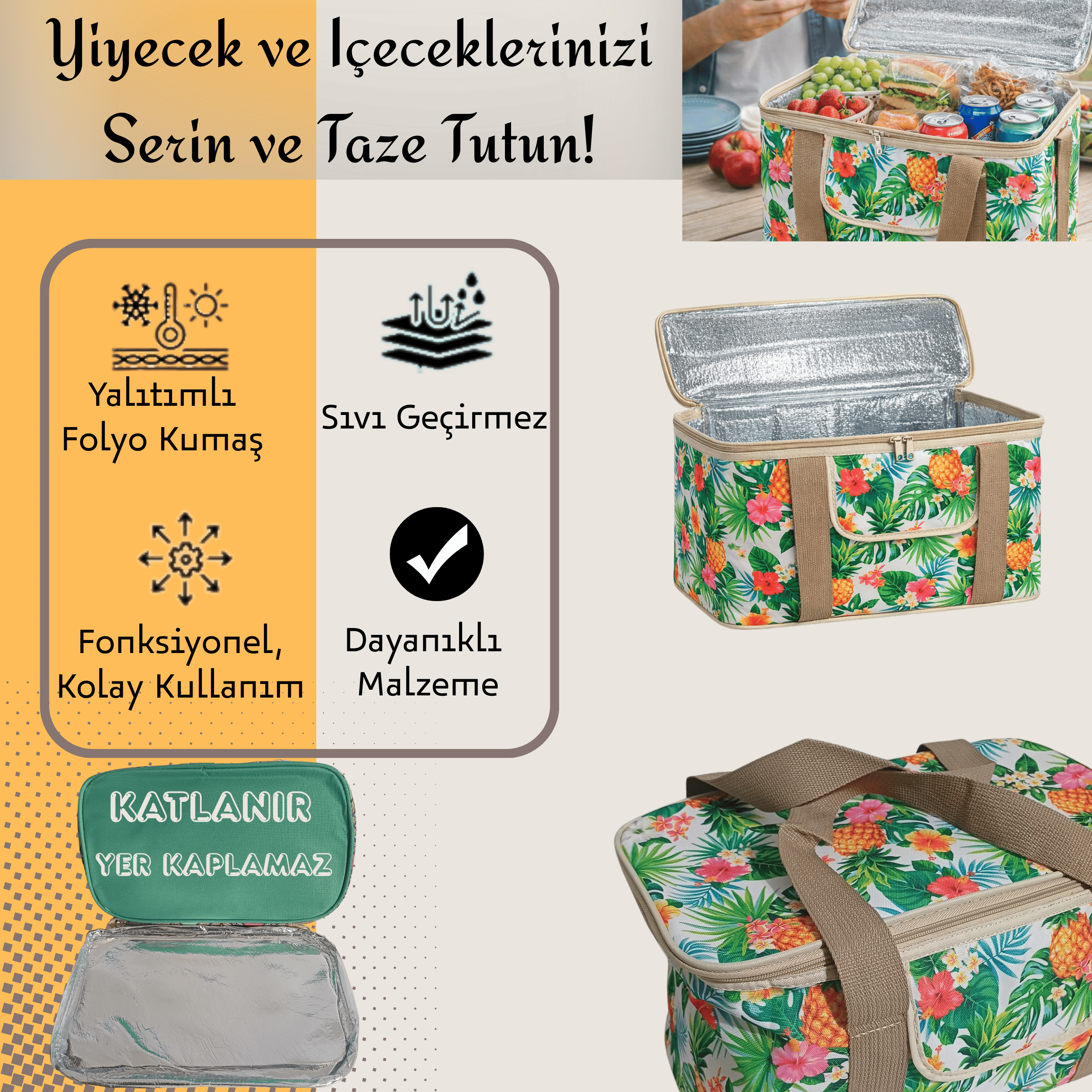 20 LT Eco Lüx Desenli Termal Çanta -Piknik Çantası,Soğutucu Buzluk Çanta