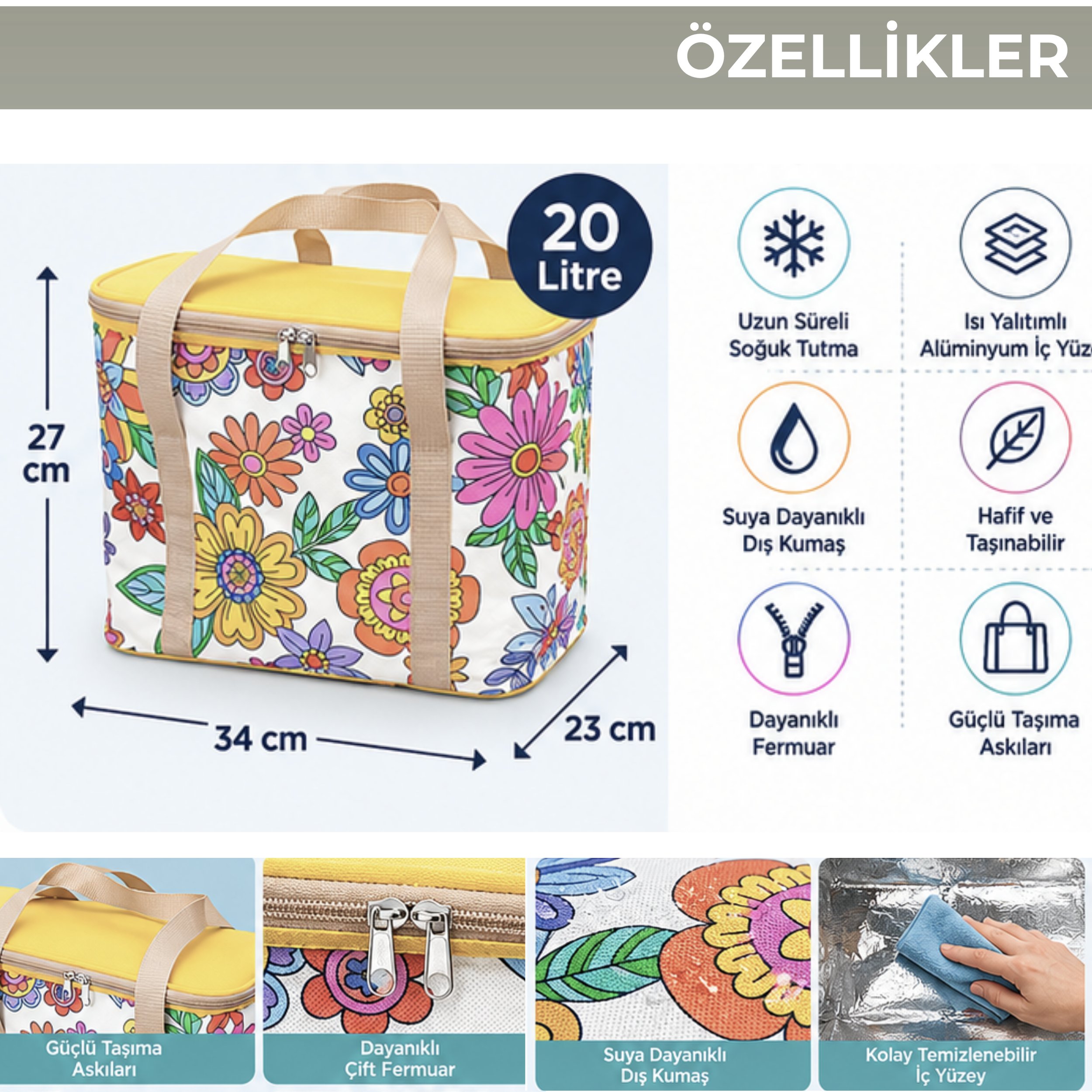 20 Lt Termal Çanta-Plaj ve Piknik İçin Soğuk Tutan Desenli Buzluk Çanta