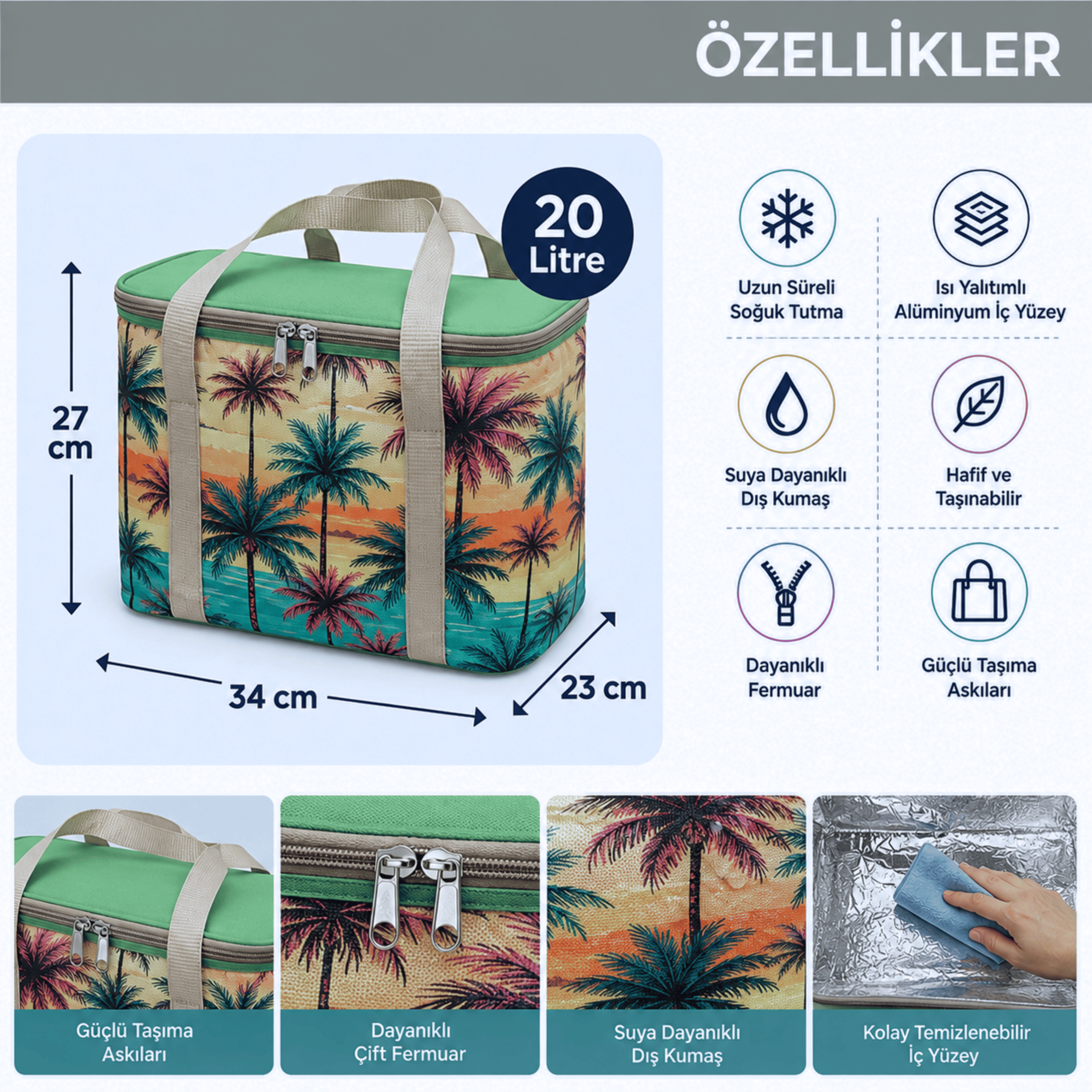 20 Lt Termal Çanta-Plaj ve Piknik İçin Soğuk Tutan Desenli Buzluk Çanta