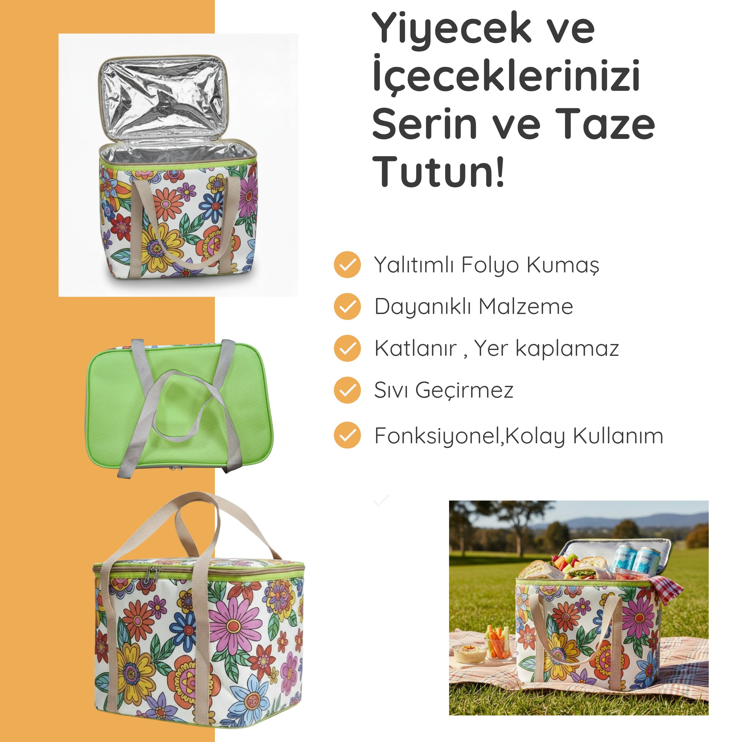20 Lt Termal Çanta-Plaj ve Piknik İçin Soğuk Tutan Desenli Buzluk Çanta