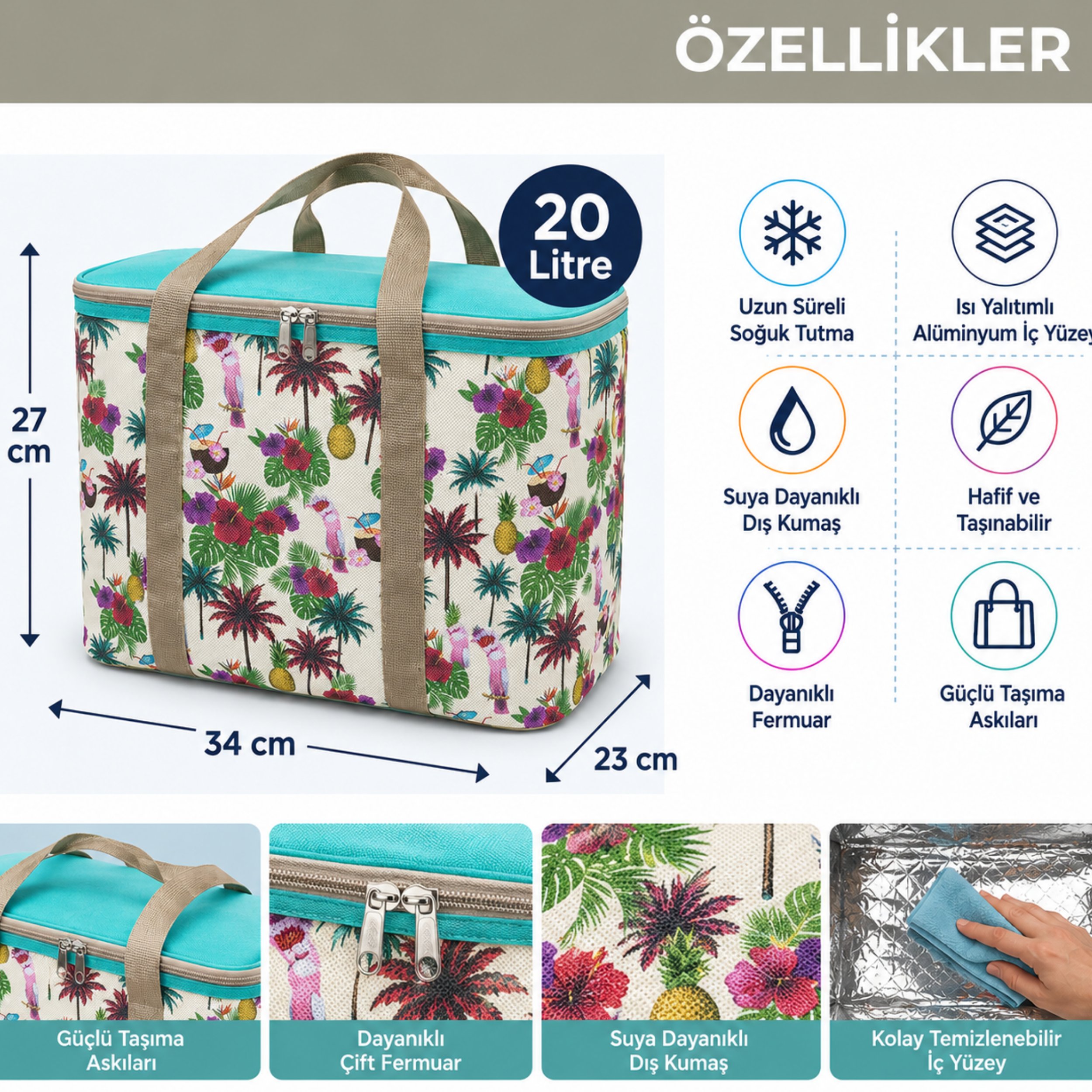 20 Lt Termal Çanta-Plaj ve Piknik İçin Soğuk Tutan Desenli Buzluk Çanta