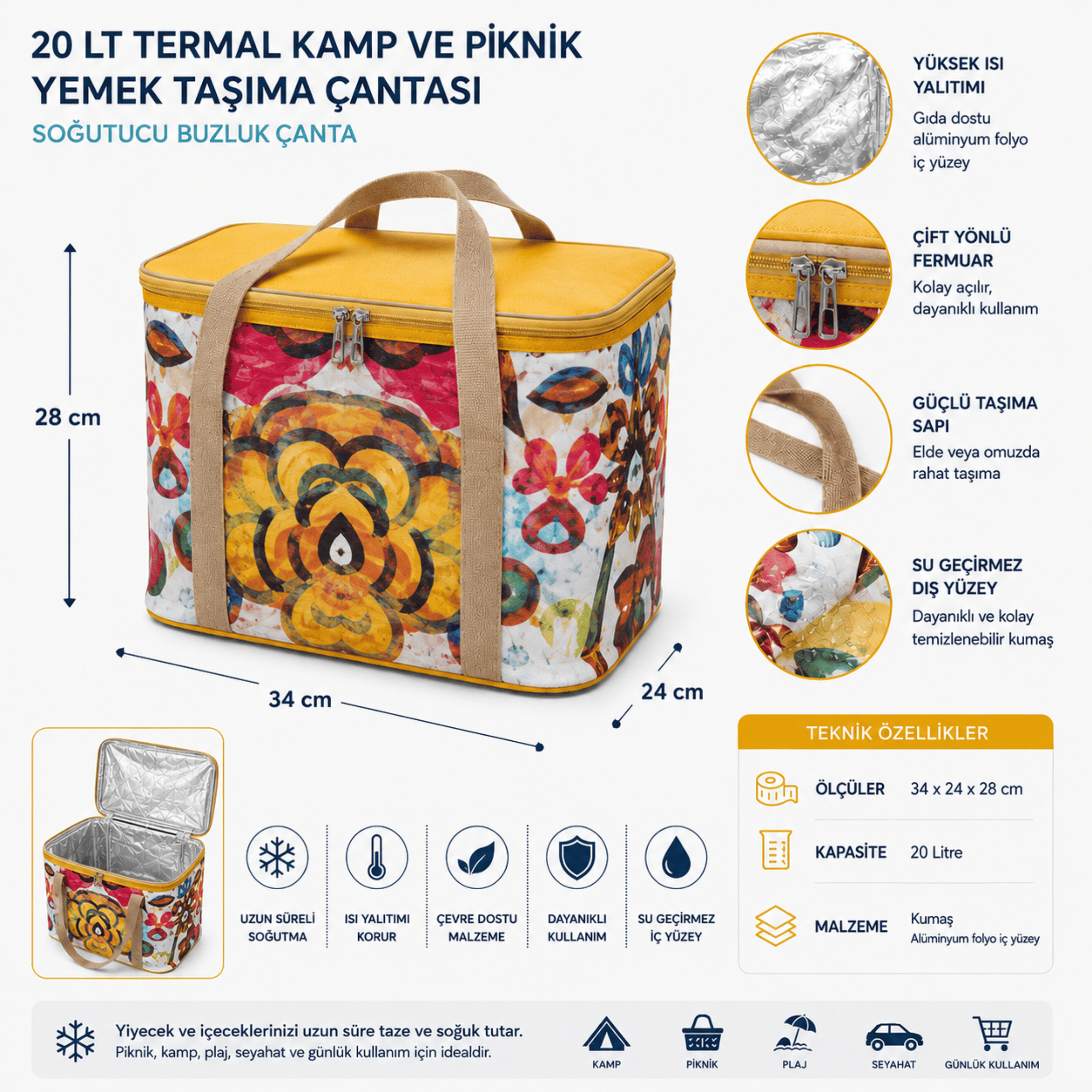 20 LT Termal Kamp ve Piknik Yemek Taşıma Çantası, Soğutucu Buzluk Çanta