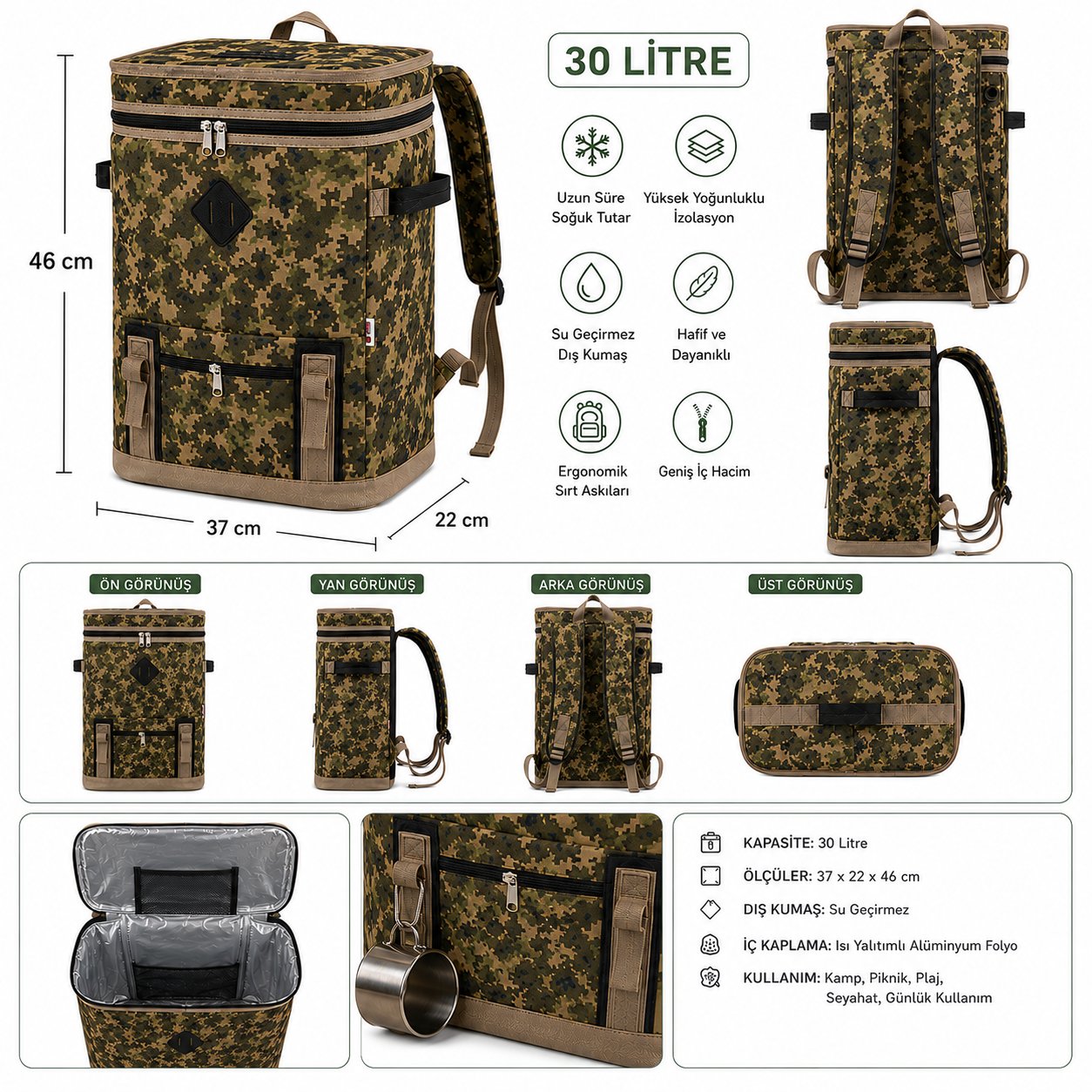 30 lt Outdoor Termal Sırt Çantası-Kamuflaj Desen