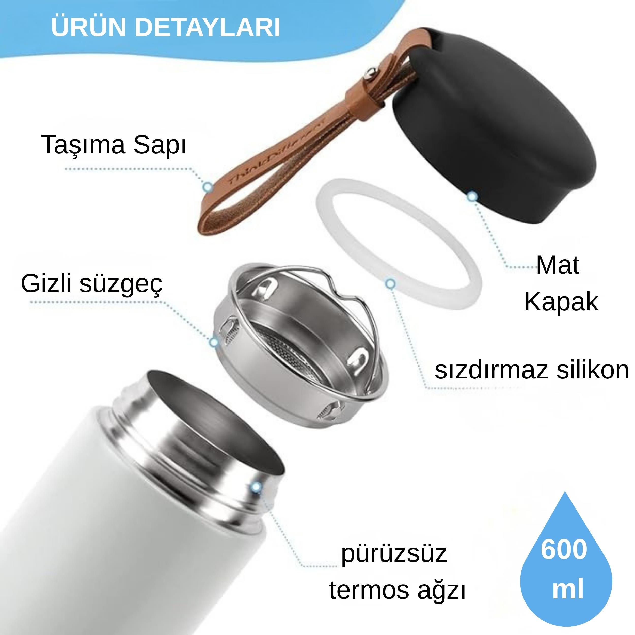 600 ml Paslanmaz Çelik Termos, Çift Katmanlı, Sızdırmaz Kapaklı