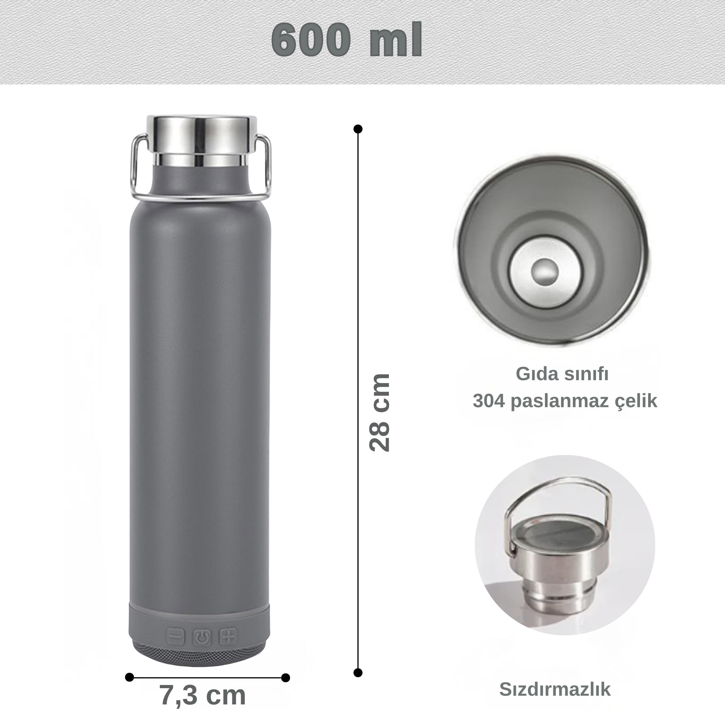 Bluetooth Hoparlörlü Paslanmaz Çelik Termos 600 ml-Çift Katmanlı 