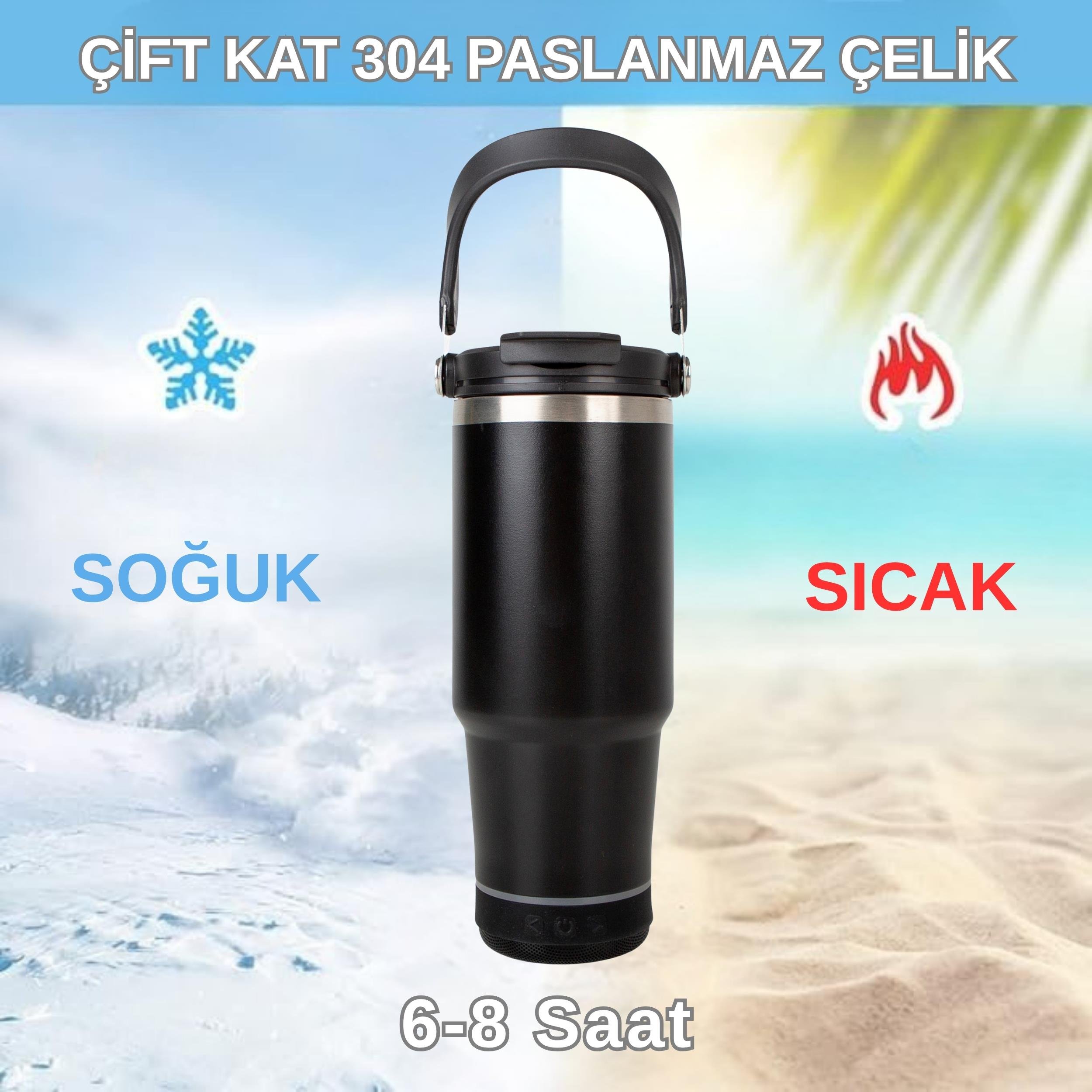 Bluetooth Hoparlörlü Paslanmaz Çelik Termos Bardak 600 ml -Pipetli ,Çift Kullanımlı Kapak