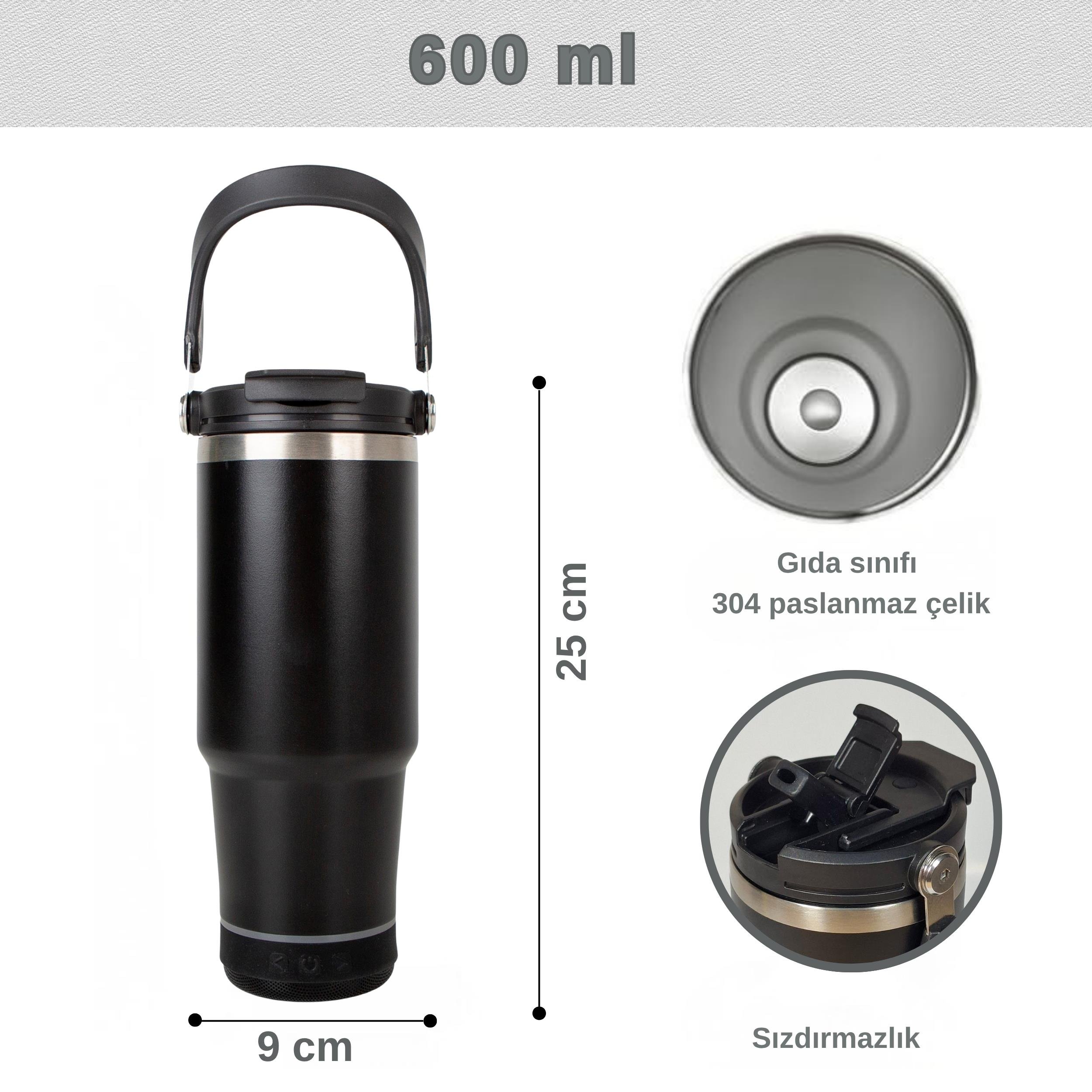 Bluetooth Hoparlörlü Paslanmaz Çelik Termos Bardak 600 ml -Pipetli ,Çift Kullanımlı Kapak