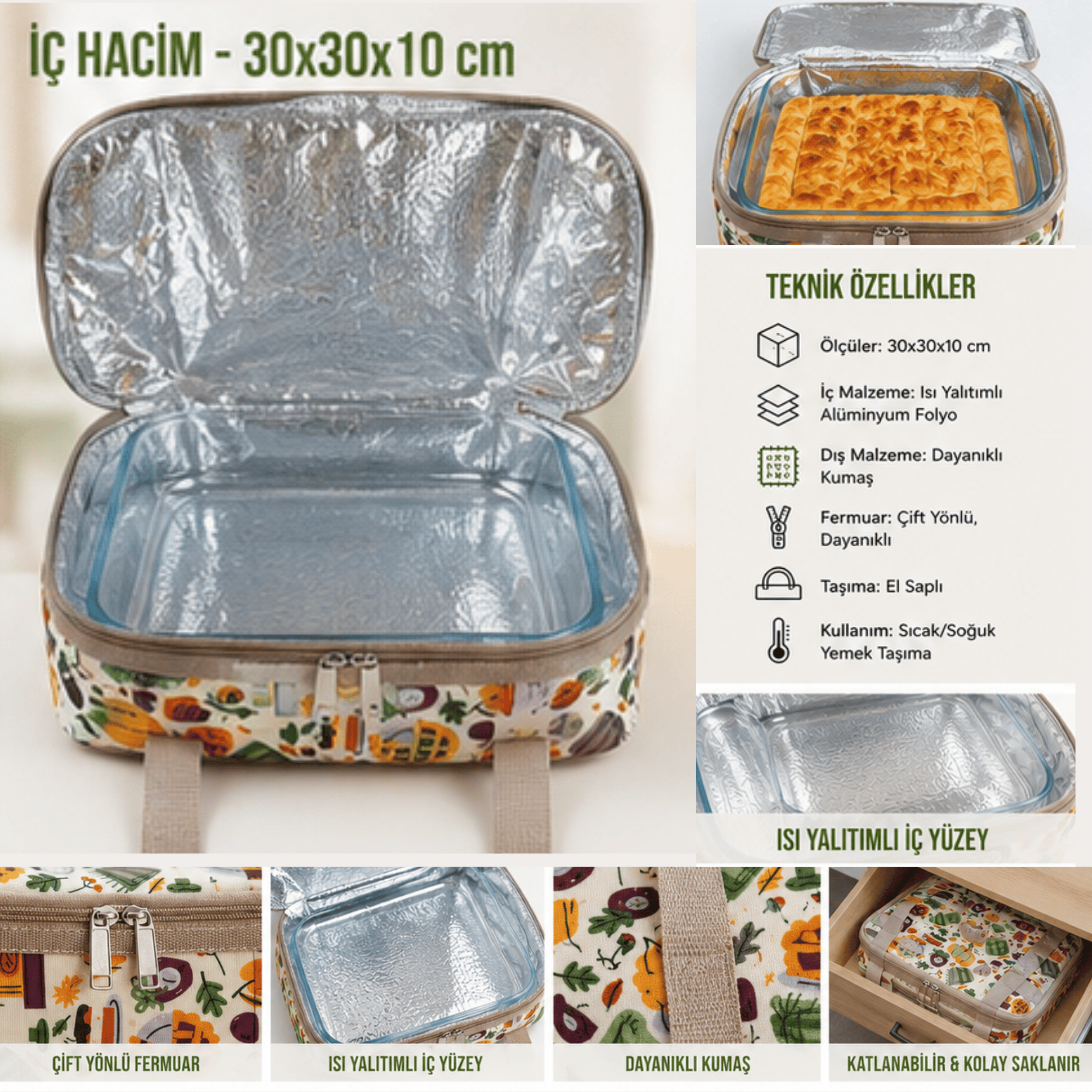 Borcam Termal Çantası-Yemek çantası-30 Cm Kare