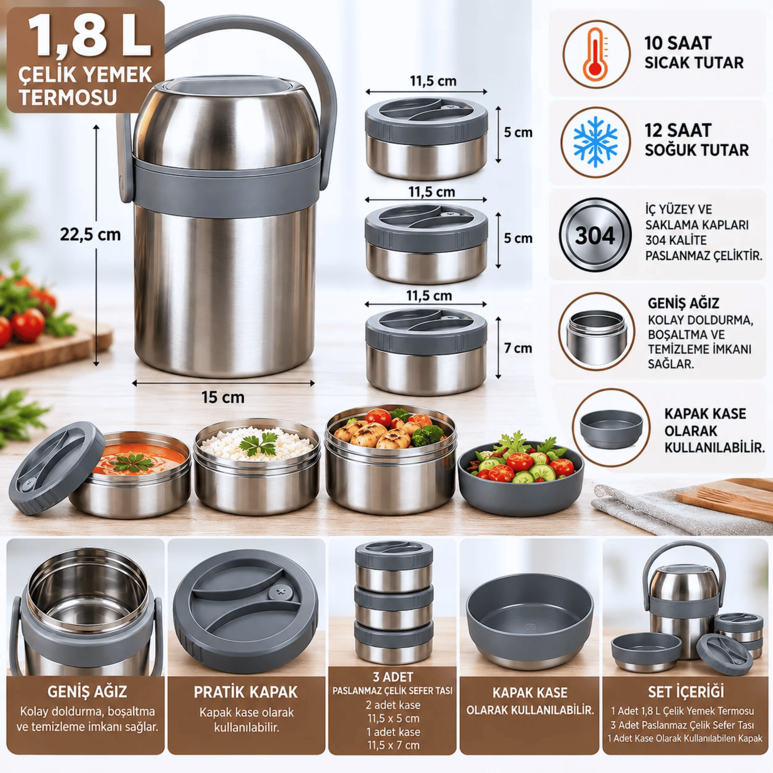 Kale 1,8 L Çelik Yemek Termosu – 3 Kaplı Paslanmaz Çelik Sefer Tası, Sıcak Soğuk Yemek Taşıma Termosu