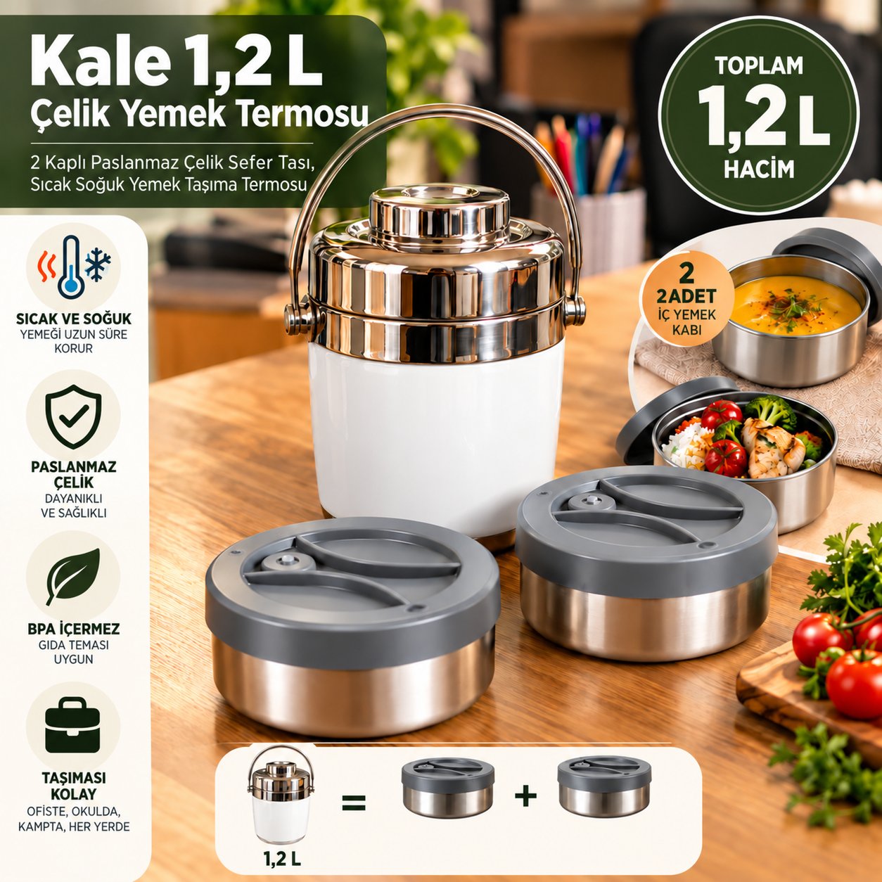 Kale Master 1,2 L Çelik Yemek Termosu –Beyaz, 2 Kaplı Paslanmaz Çelik Sefer Tası, Sıcak Soğuk Yemek Taşıma Termosu