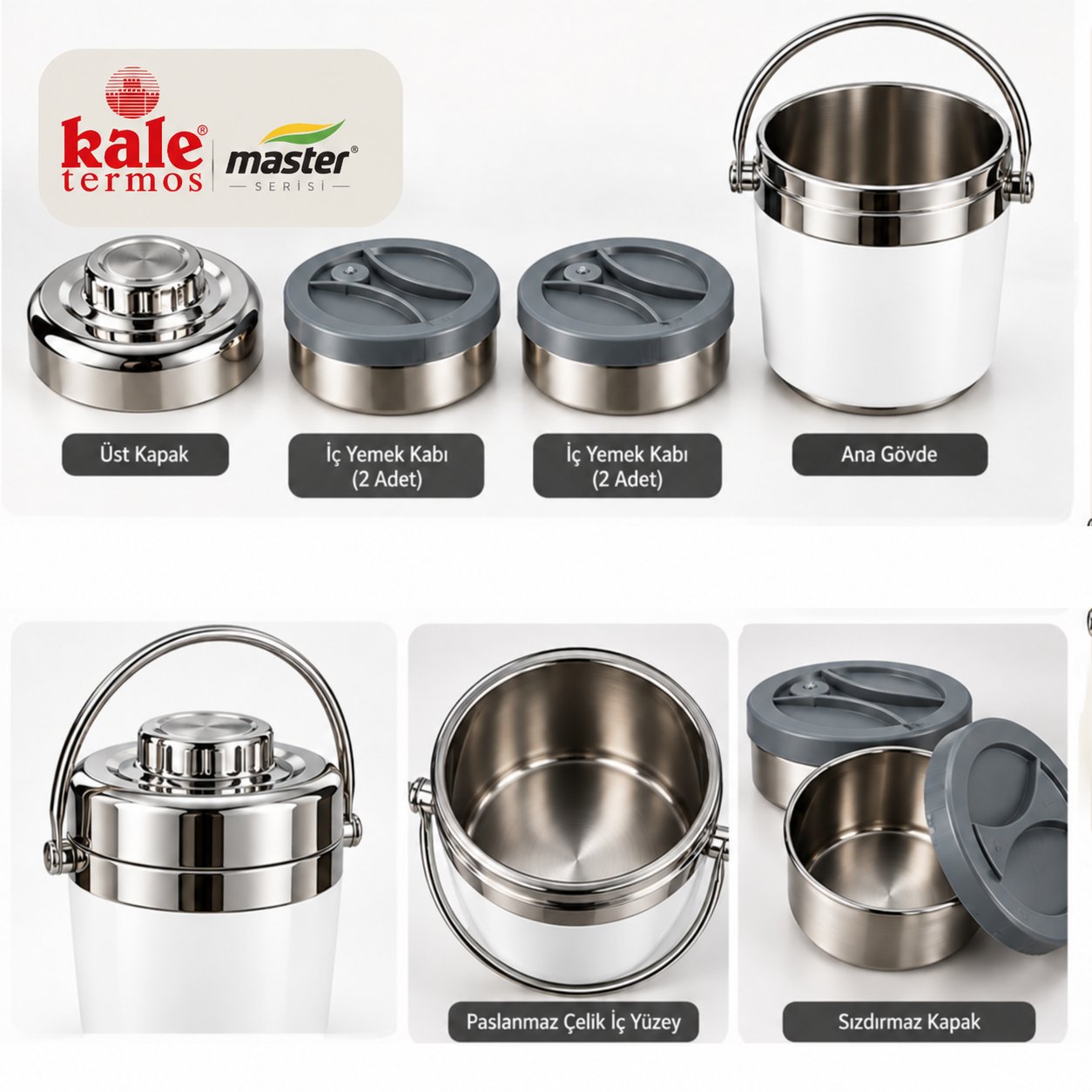 Kale Master 1,2 L Çelik Yemek Termosu –Beyaz, 2 Kaplı Paslanmaz Çelik Sefer Tası, Sıcak Soğuk Yemek Taşıma Termosu