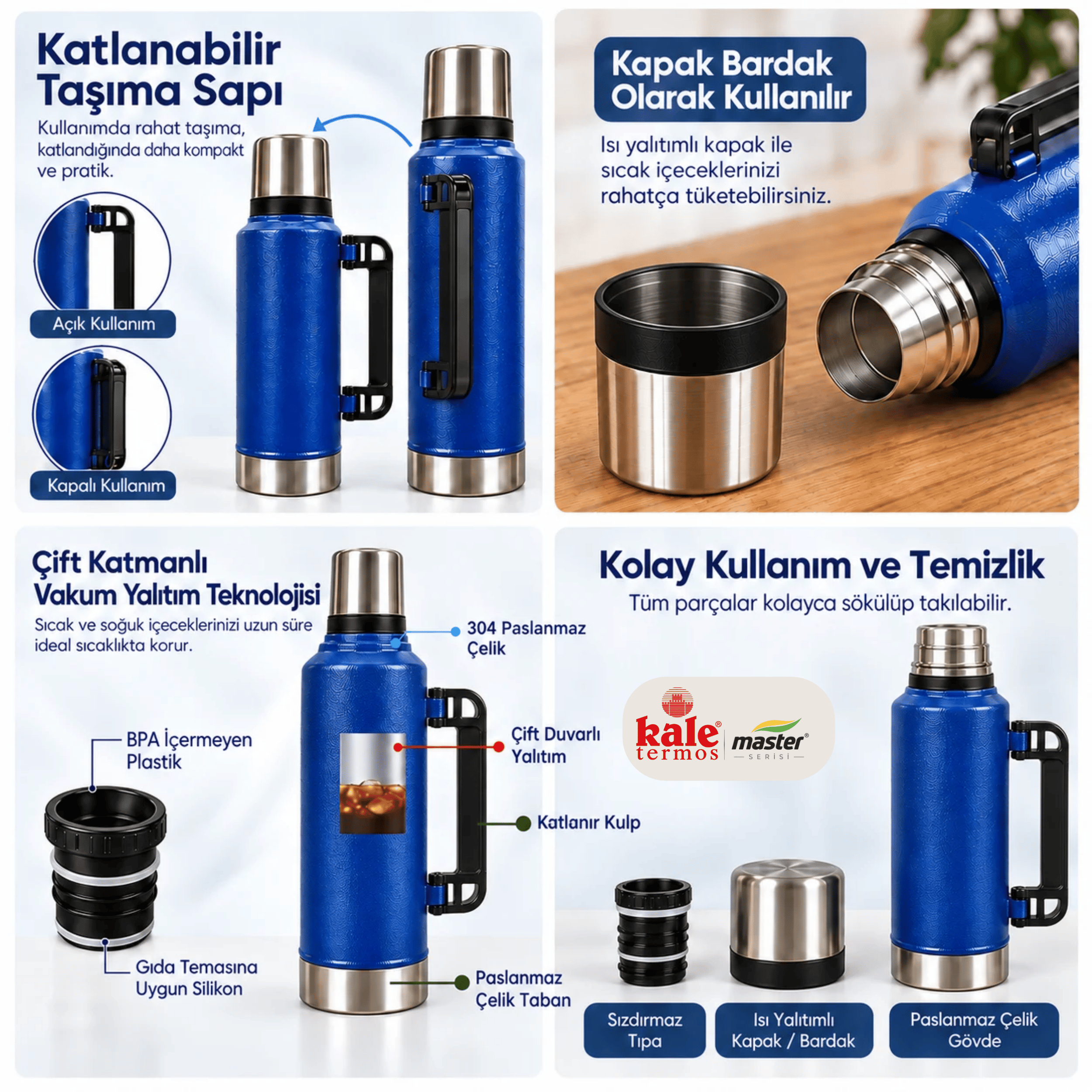 Kale Master 1,2 L Klasik Çelik Termos –Mavi, Kulplu Avcı Termosu, Sıcak Soğuk İçecek Termosu, Seyahat ve Kamp Termosu