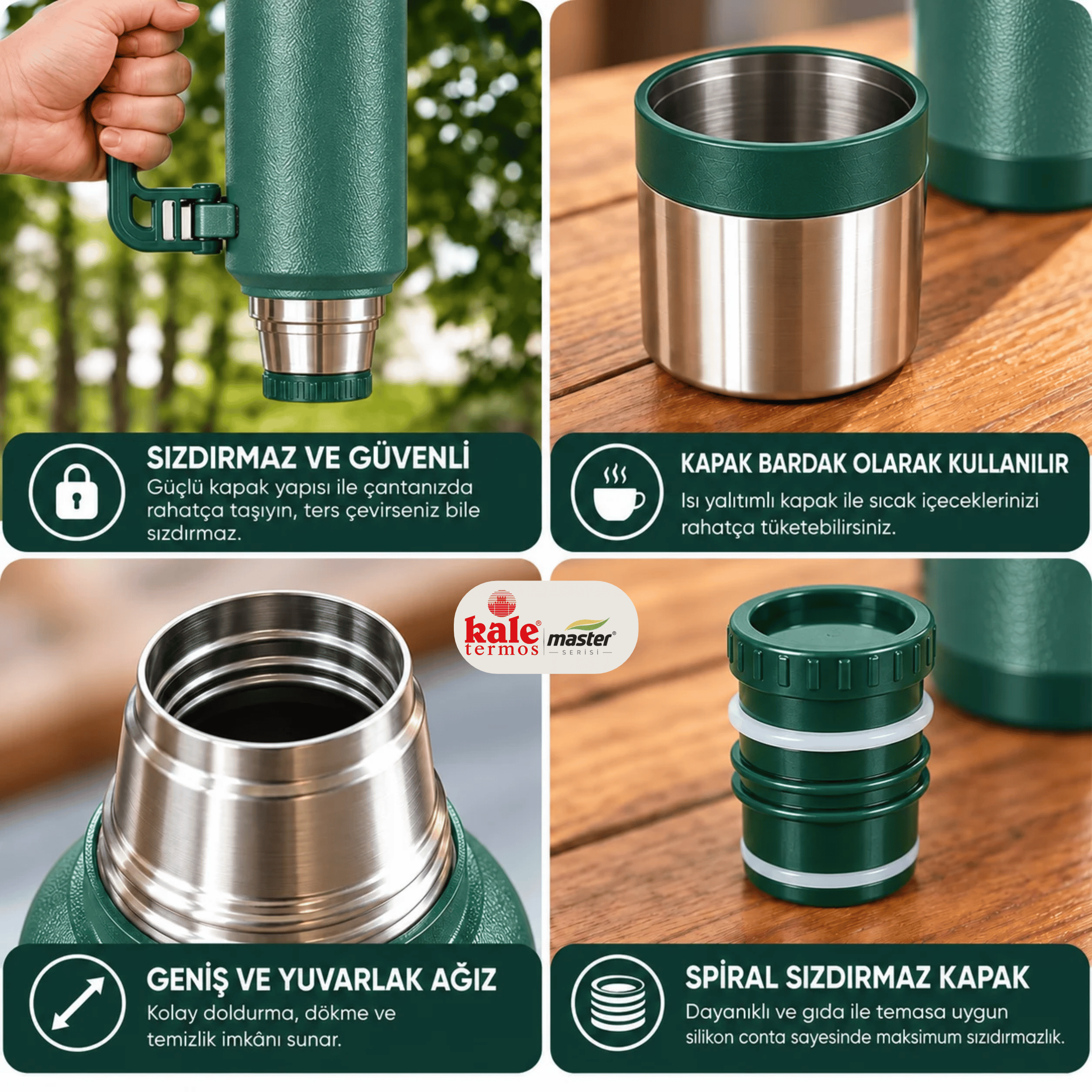 Kale Master 1,2 L Klasik Çelik Termos – Yeşil,Kulplu Avcı Termosu, Sıcak Soğuk İçecek Termosu, Seyahat ve Kamp Termosu