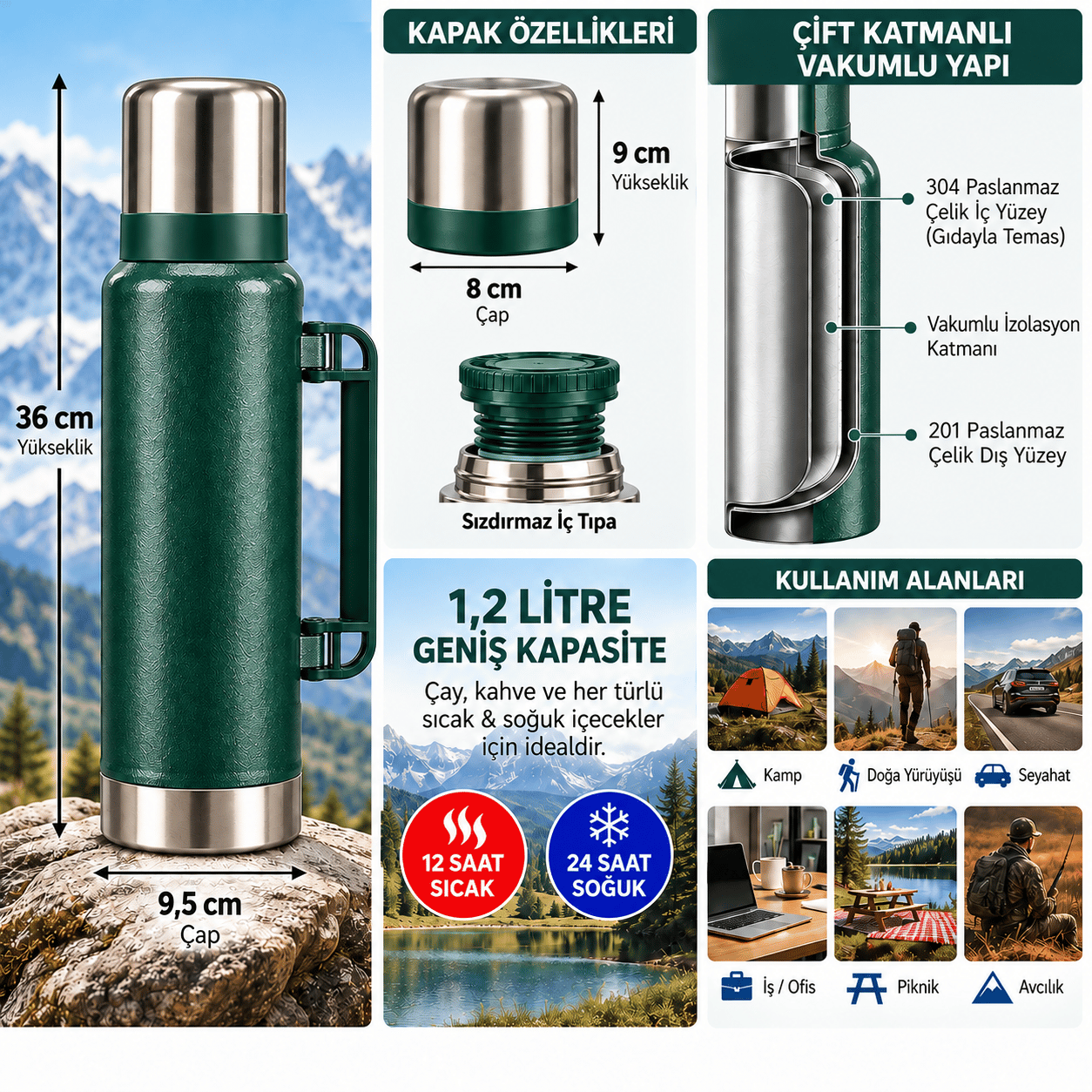 Kale Master 1,2 L Klasik Çelik Termos – Yeşil,Kulplu Avcı Termosu, Sıcak Soğuk İçecek Termosu, Seyahat ve Kamp Termosu
