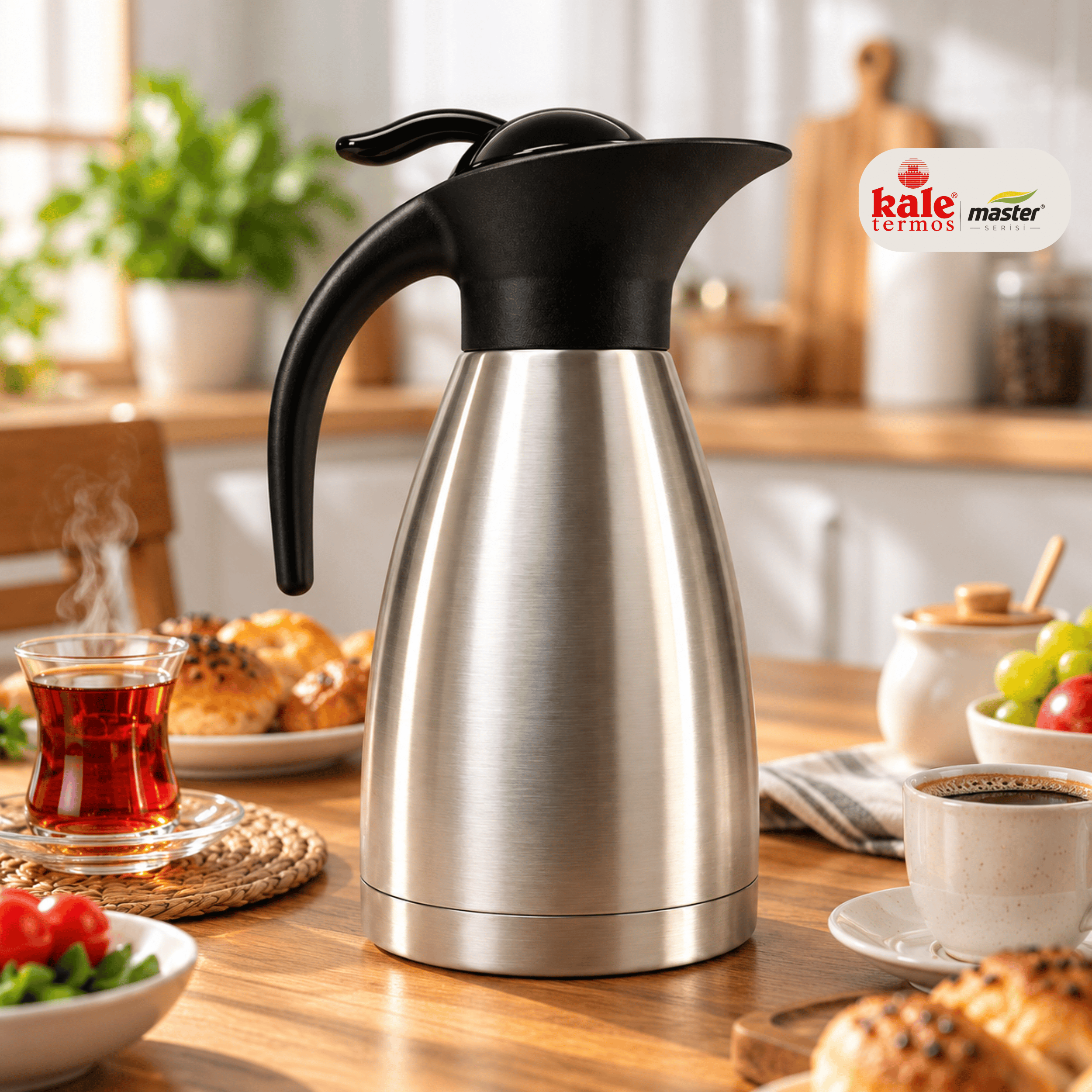 Kale Master 1,5 L Çelik Sürahi Termos – Paslanmaz Çelik Vakumlu Termos, Sıcak Soğuk İçecek Servis Termosu, Çay Kahve Termosu