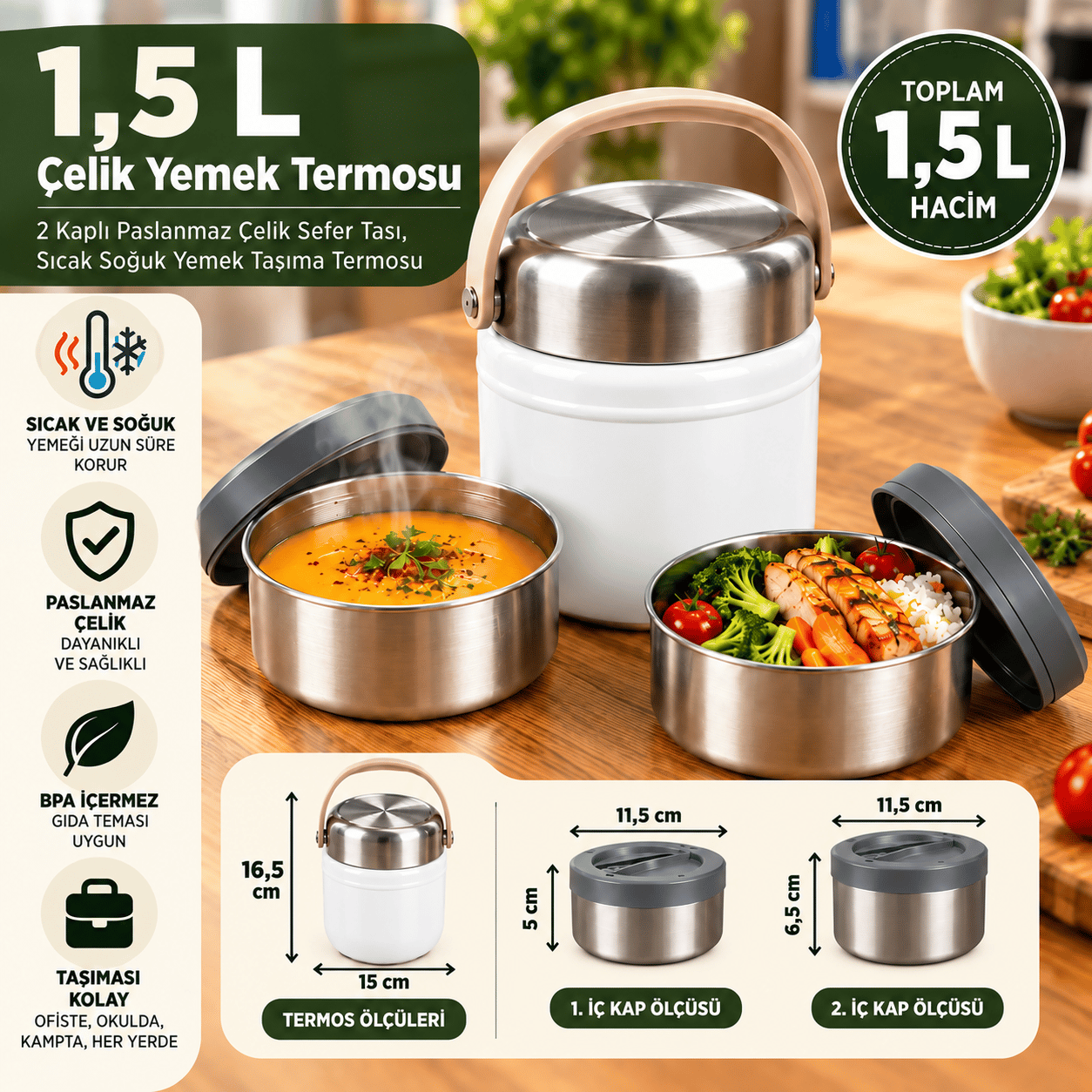 Kale Master 1,5 L Çelik Yemek Termosu –Beyaz, 2 Kaplı Paslanmaz Çelik Sefer Tası, Sıcak Soğuk Yemek Taşıma Termosu