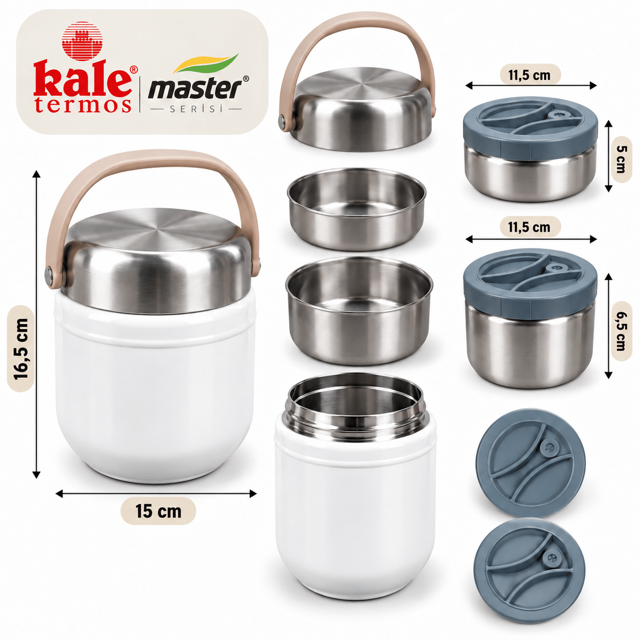 Kale Master 1,5 L Çelik Yemek Termosu –Beyaz, 2 Kaplı Paslanmaz Çelik Sefer Tası, Sıcak Soğuk Yemek Taşıma Termosu