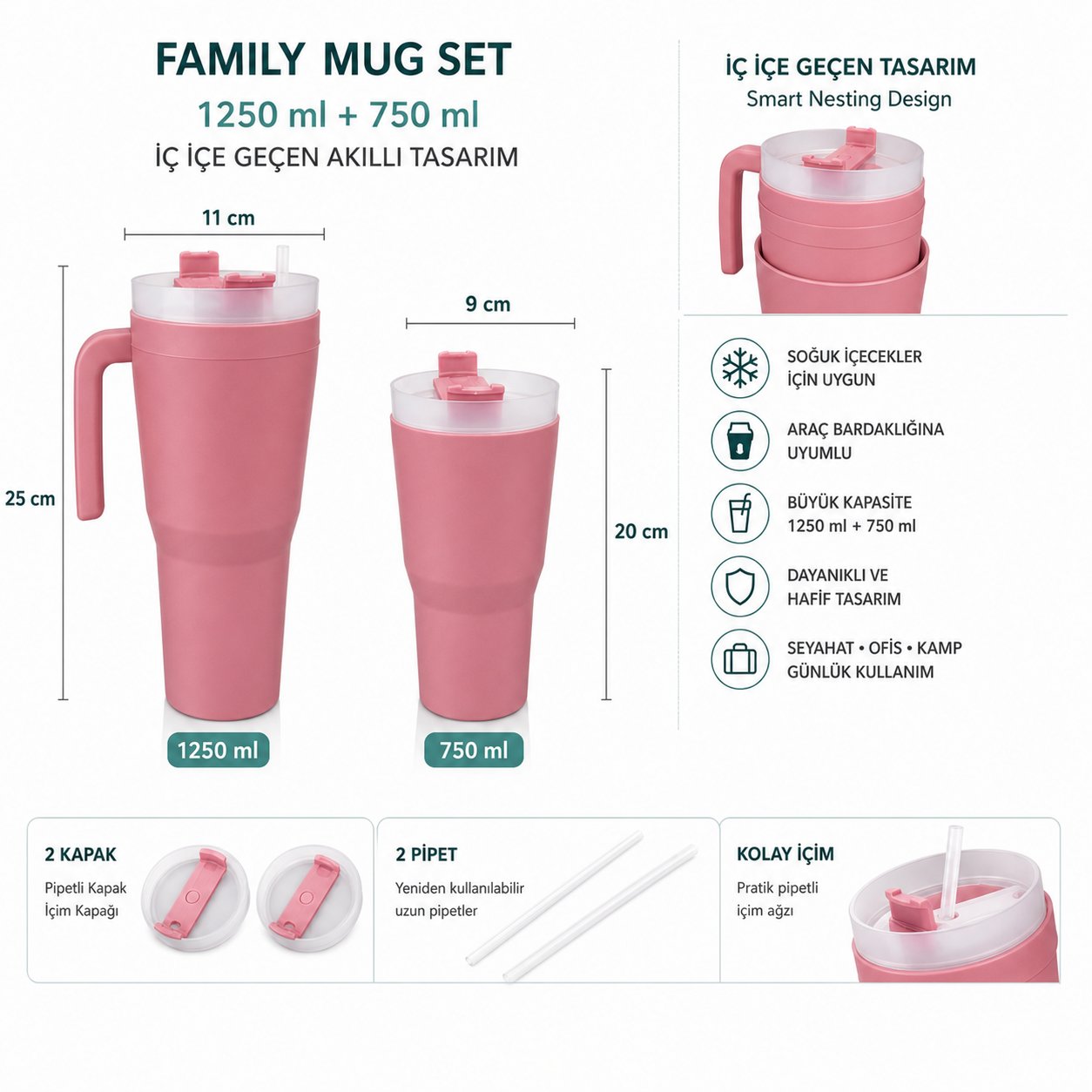 Kale Sippro Mug İç İçe Geçen 2'li Pipetli Suluk Seti 1250 ml + 750 ml