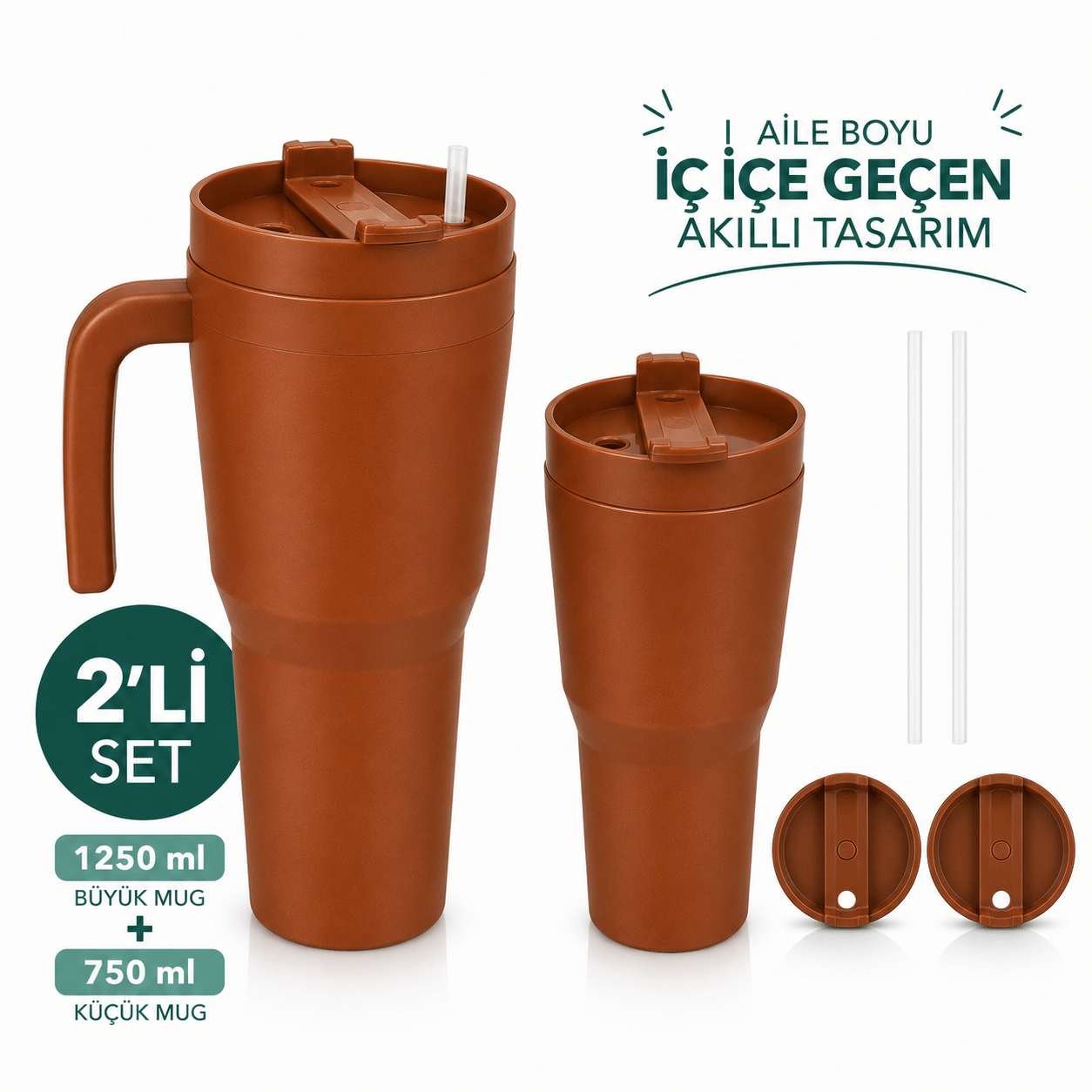Kale Sippro Mug İç İçe Geçen 2'li Pipetli Suluk Seti 1250 ml + 750 ml