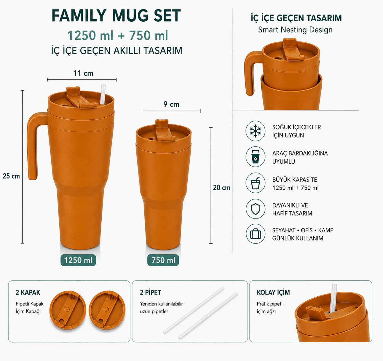 Kale Sippro Mug İç İçe Geçen 2'li Pipetli Suluk Seti 1250 ml + 750 ml