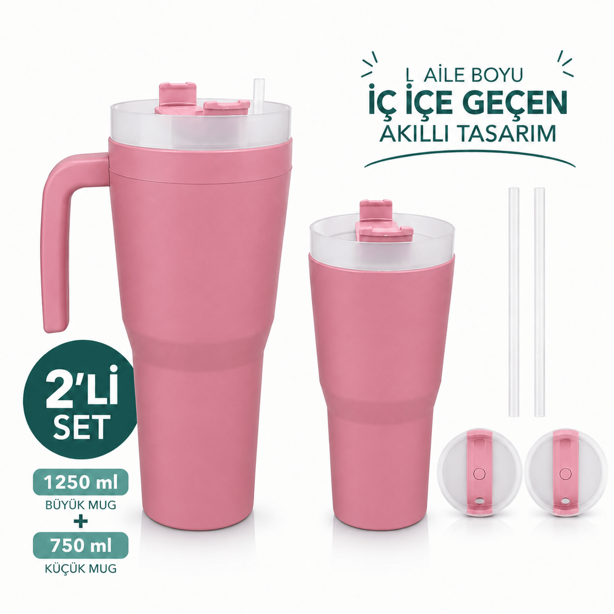 Kale Sippro Mug İç İçe Geçen 2'li Pipetli Suluk Seti 1250 ml + 750 ml
